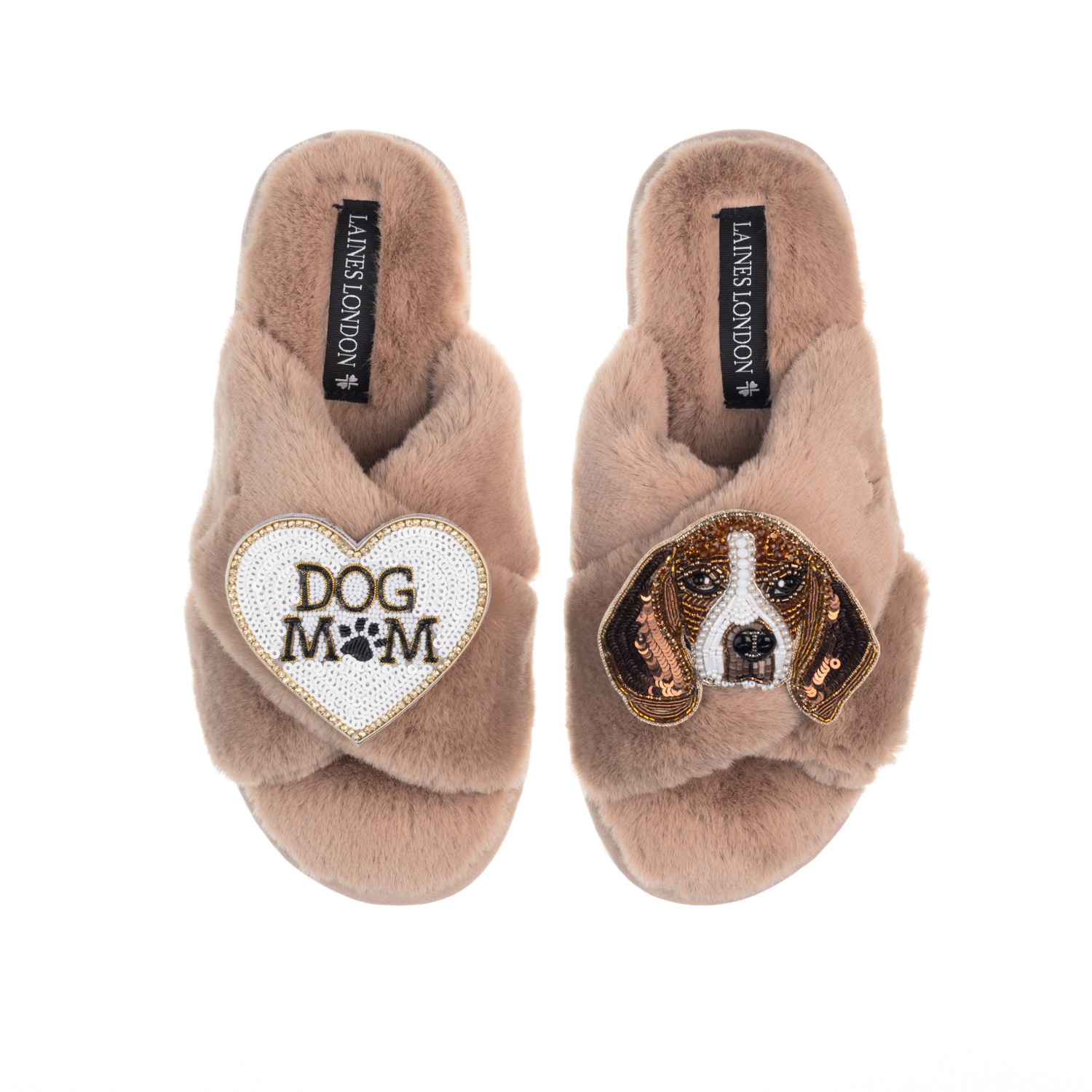 Laines London Women's Brown Classic Laines Slippers With Beagle & Dog Mum / Mom Brooches - Toffee In Brown