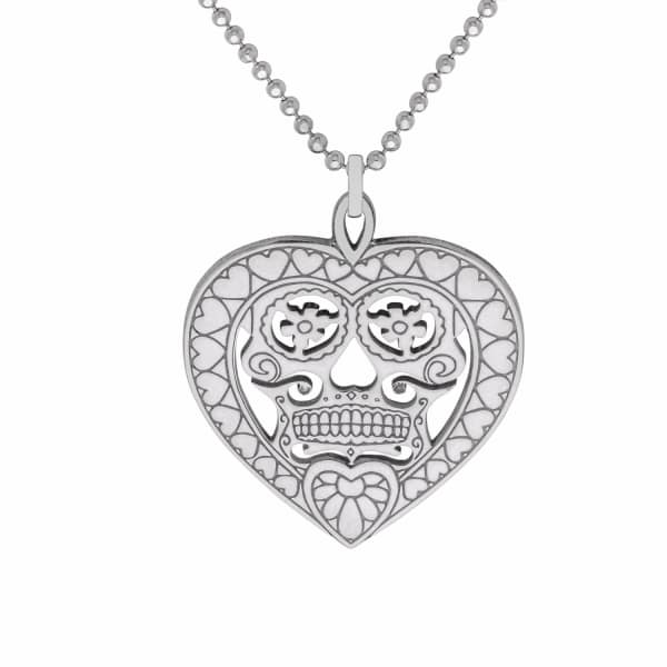 Cartergore Medium Silver Sugar Skull Heart Pendant Necklace In Pendant