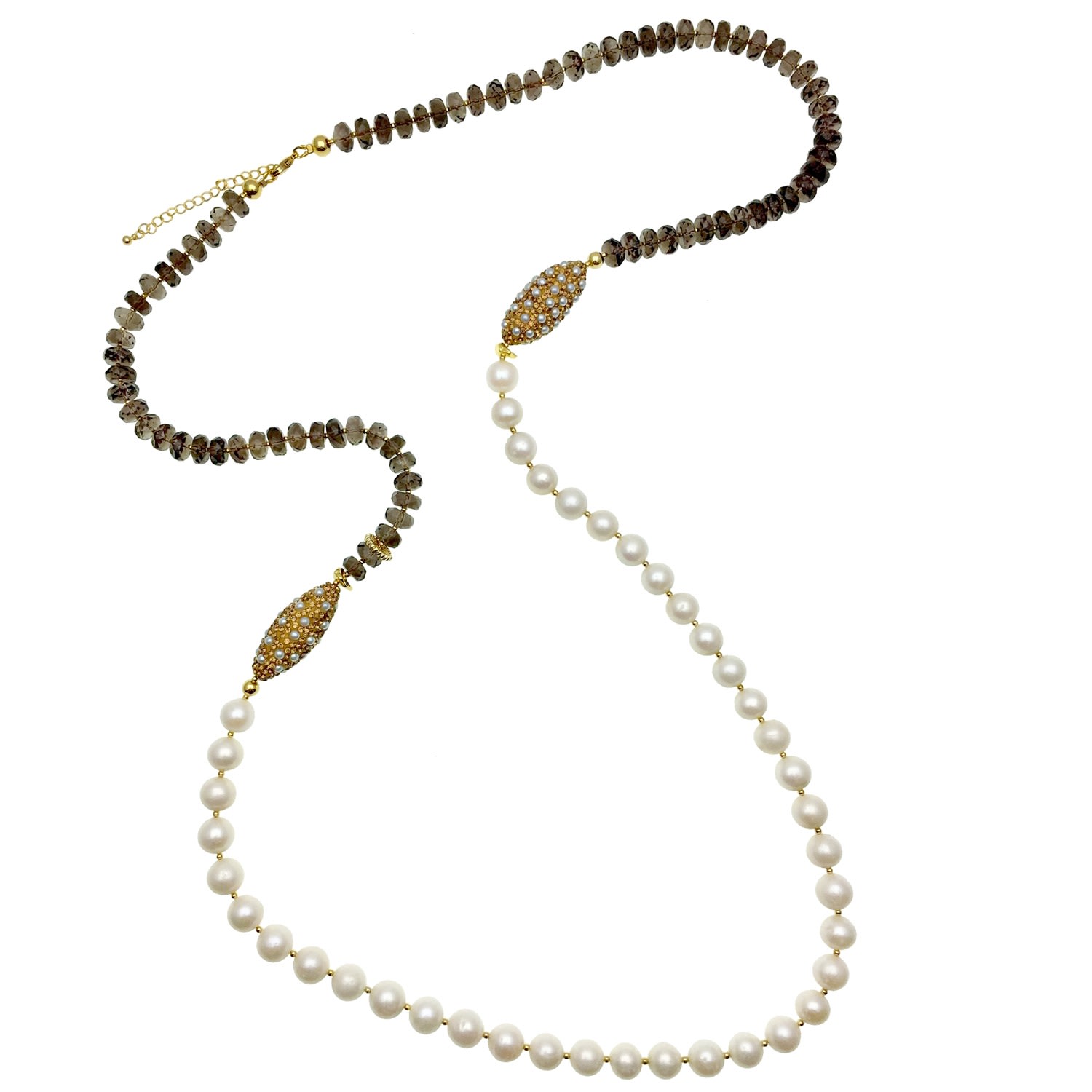 Farra Women's Black / White Smoky Quartz With Freshwater Pearls Multi-way Necklace