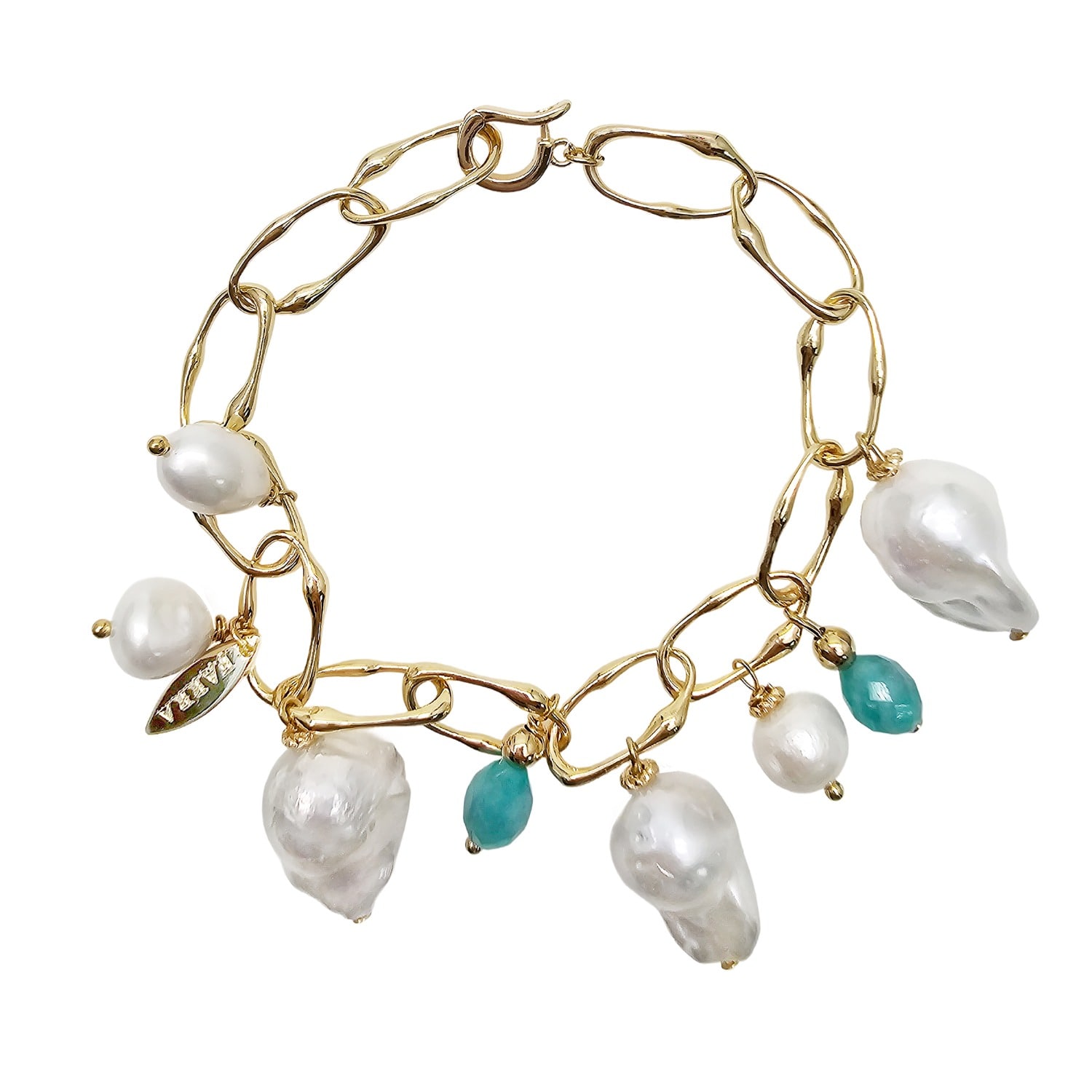 Farra Women's Green Baroque Pearls With Amazonite Charms Bracelet