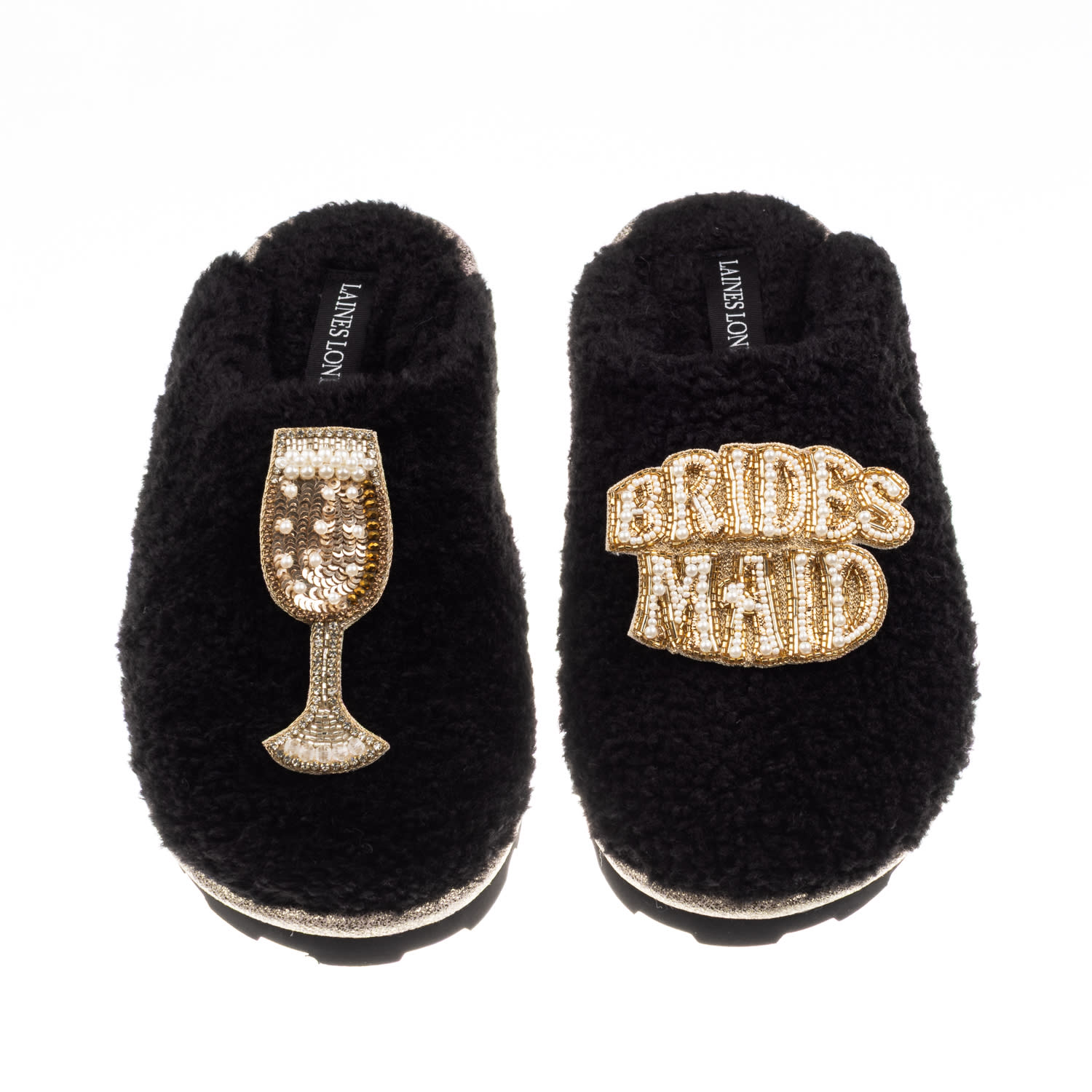 Laines London Women's Teddy Closed Toe Slippers With Bridesmaid Brooches - Black
