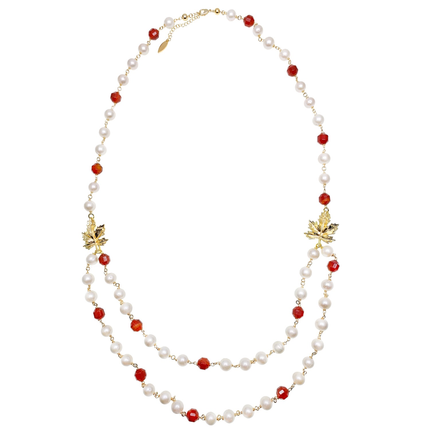 Farra Women's White / Red Freshwater Pearl With Red Agate And Maple Leaves Charm Long Chain Necklace In Multi