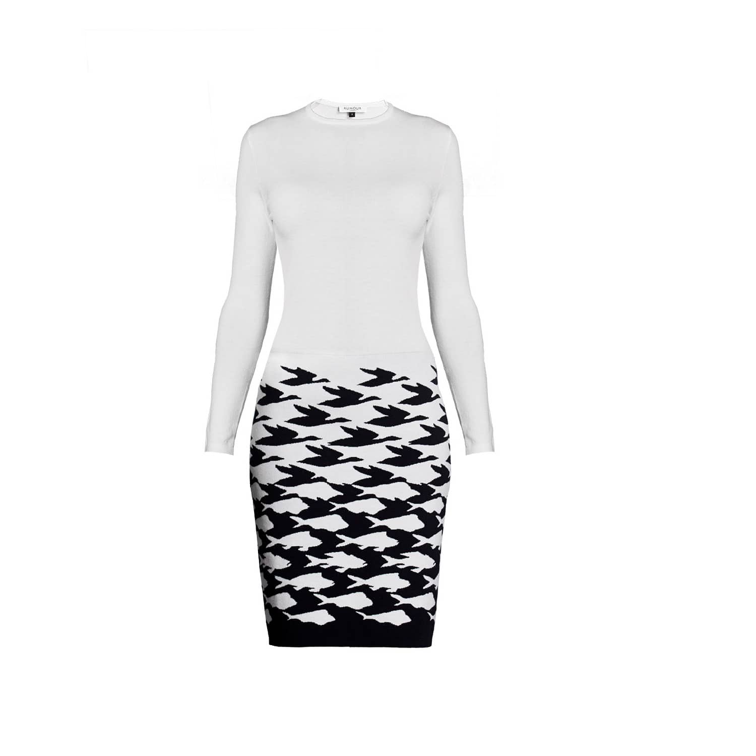 Tailored dress with contrasting contour jacquard skirt – RUMOUR LONDON