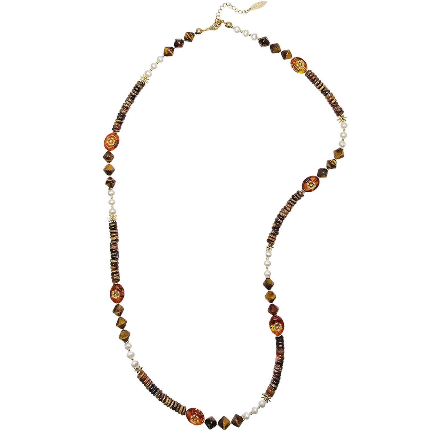 Farra Women's Brown Vintage Style Tiger Eye With Freshwater Pearls Long Necklace