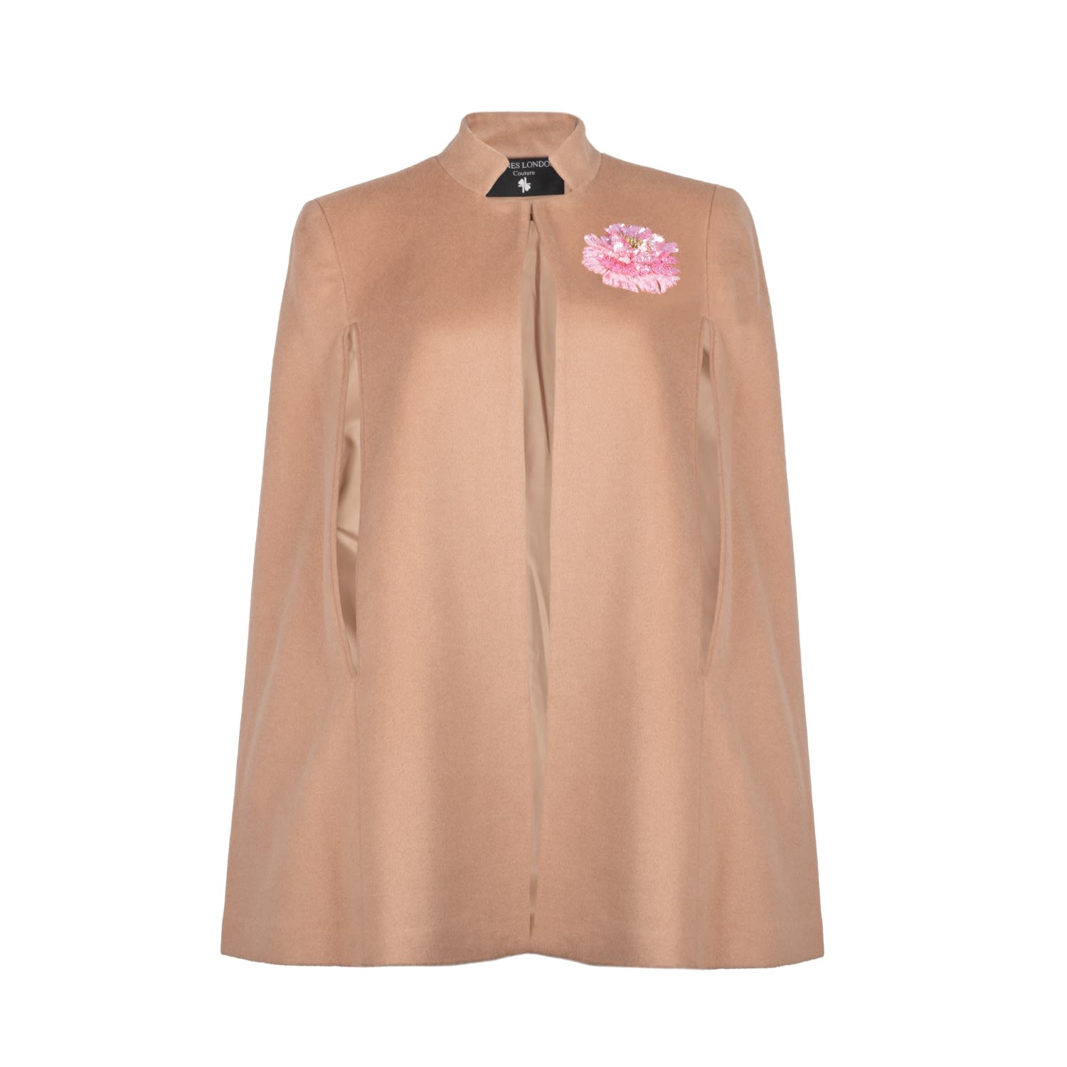 Women’s Neutrals Laines Couture Wool Blend Cape With Embellished Pink Peony - Camel S/M Laines London