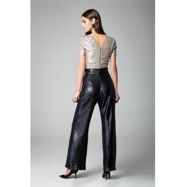 Rumour London Women's Black / Gold Naomi Black & Gold Sequined Jumpsuit With V-shaped Back And Belt In Sequined