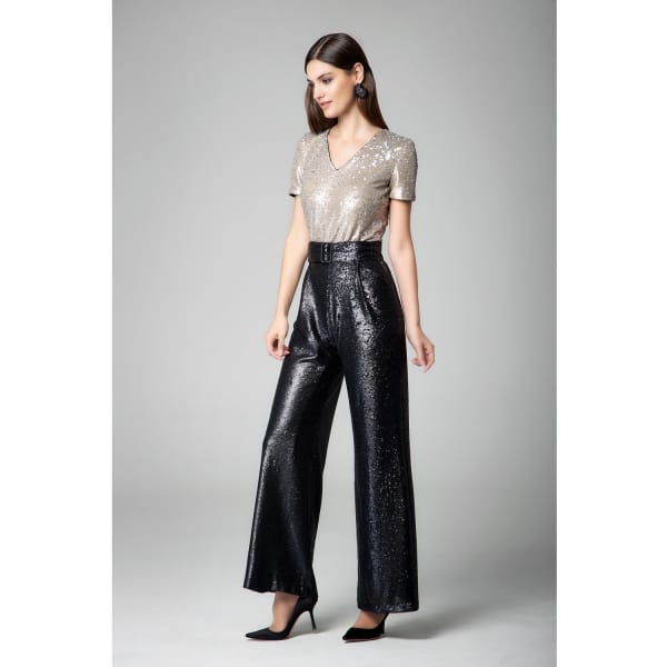 Rumour London Women's Black / Gold Naomi Black & Gold Sequined Jumpsuit With V-shaped Back And Belt In Sequined