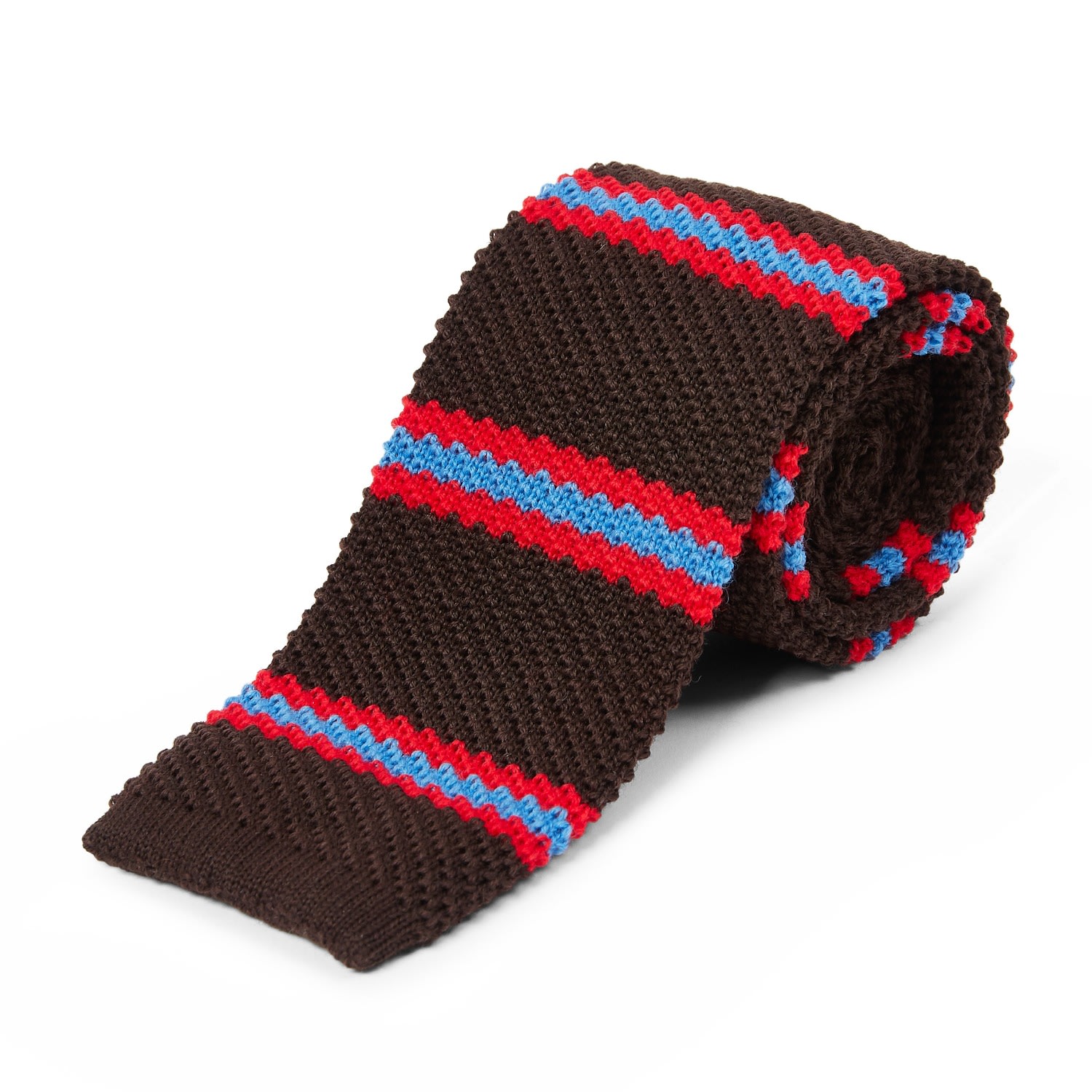 Men’s Wool Knitted Tie - Stripe Brown, Red & Blue Burrows & Hare