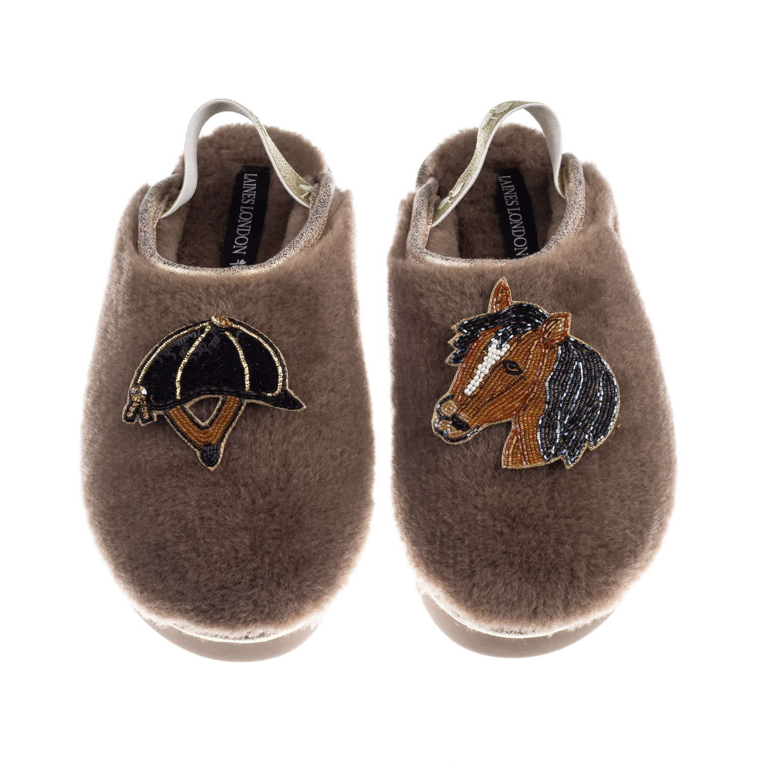 Laines London Women's Brown / Gold / Neutrals Flatform Cloud Slippers With Riding Hat & Horse Brooches - Mink