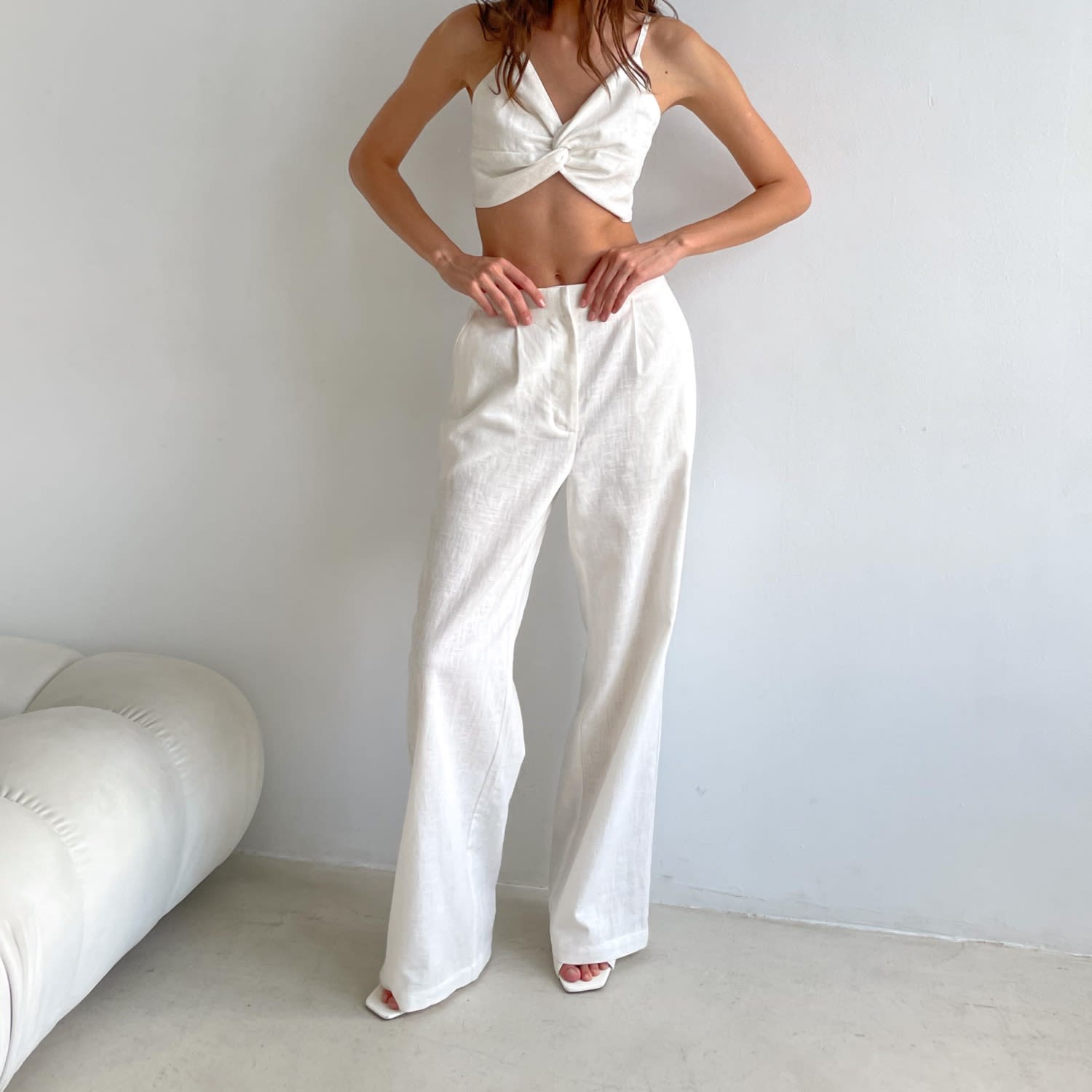 Extra Tall White Linen Trousers Straight High Waisted Adjustable KK Wolf Badger