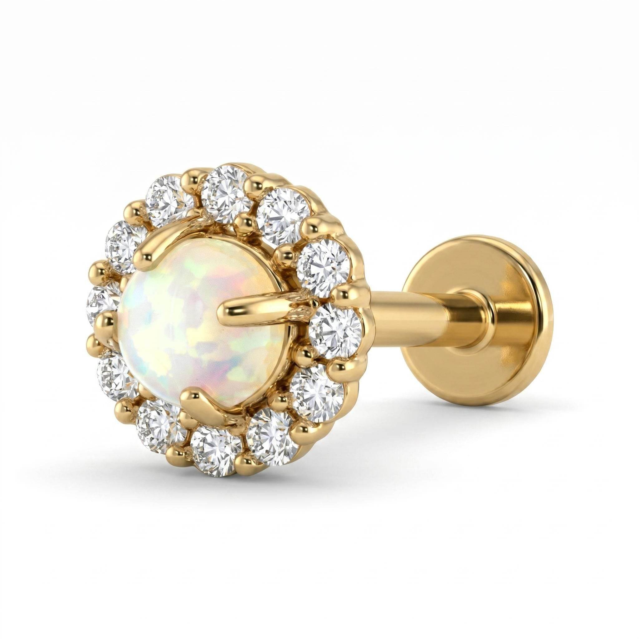 Zahav Jewelry Women's 14k Solid Gold 18g 8mm Opal & Round Cz Internally Threaded Flat Back Stud