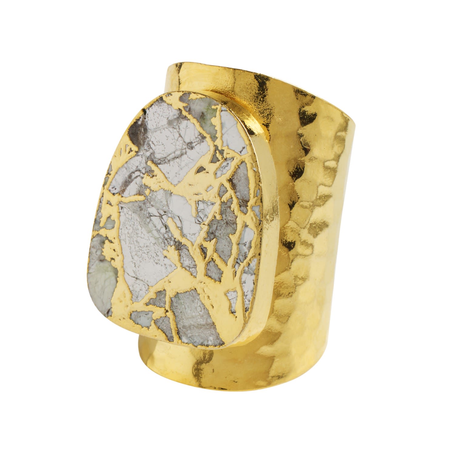 Yaa Yaa London Women's White / Gold / Grey Longline Molten Howlite Stone Gold Cuff Statement Ring In Multi