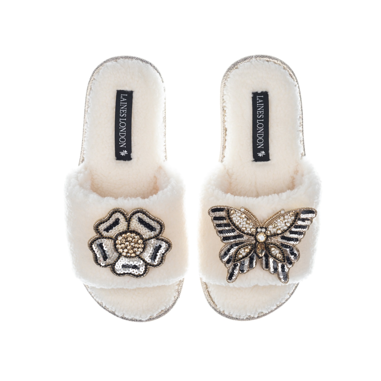 Women’s White Teddy Towelling Slipper Sliders With Butterfly & Flower Brooches - Cream Large Laines London