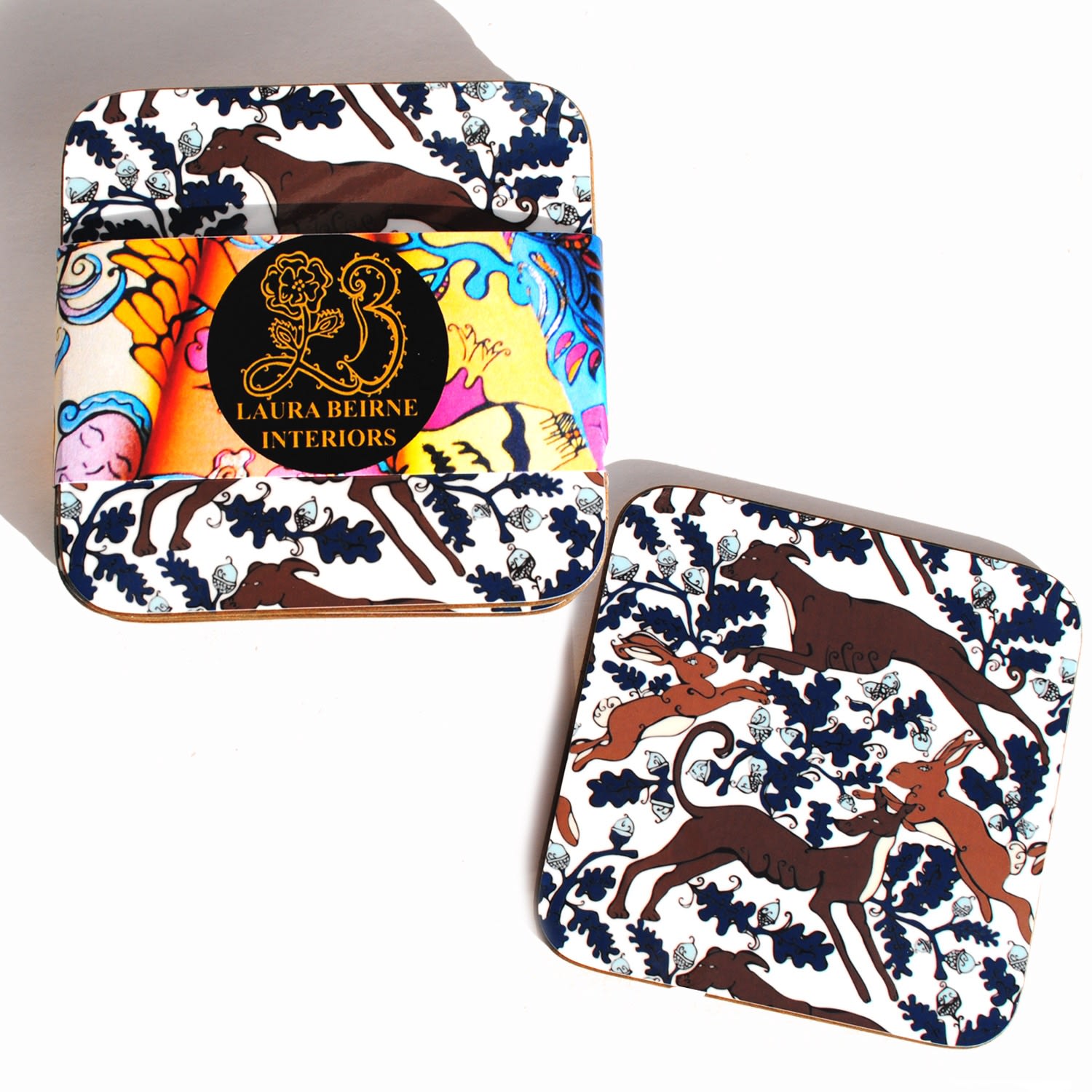 Laura B Interiors Blue Set Of 6 The Rabbit & Whippet Coasters In Multi