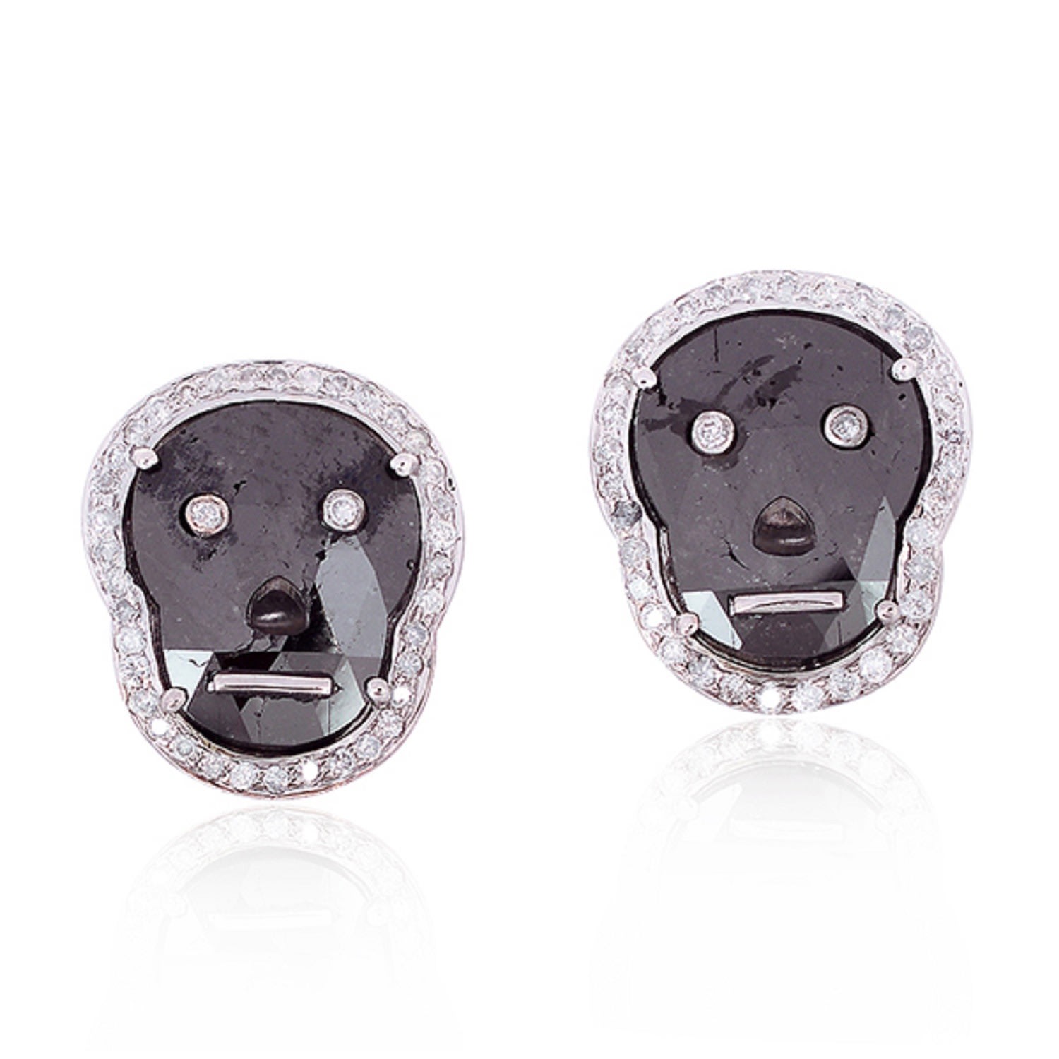 Artisan Women's White / Gold / Black White Gold Skull Earrings With Natural Diamonds In Multi