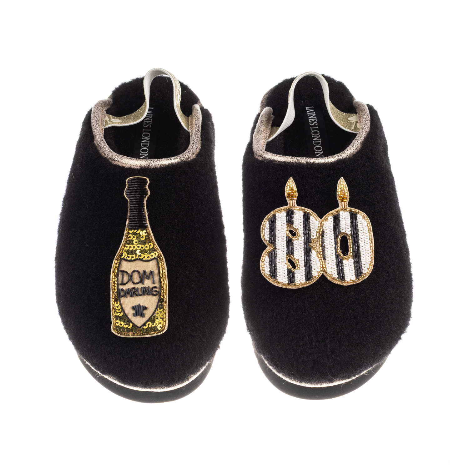 Laines London Women's Black / Gold Flatform Cloud Slippers With Stripe 80th Birthday & Dom Darling Brooches - Blac In Black