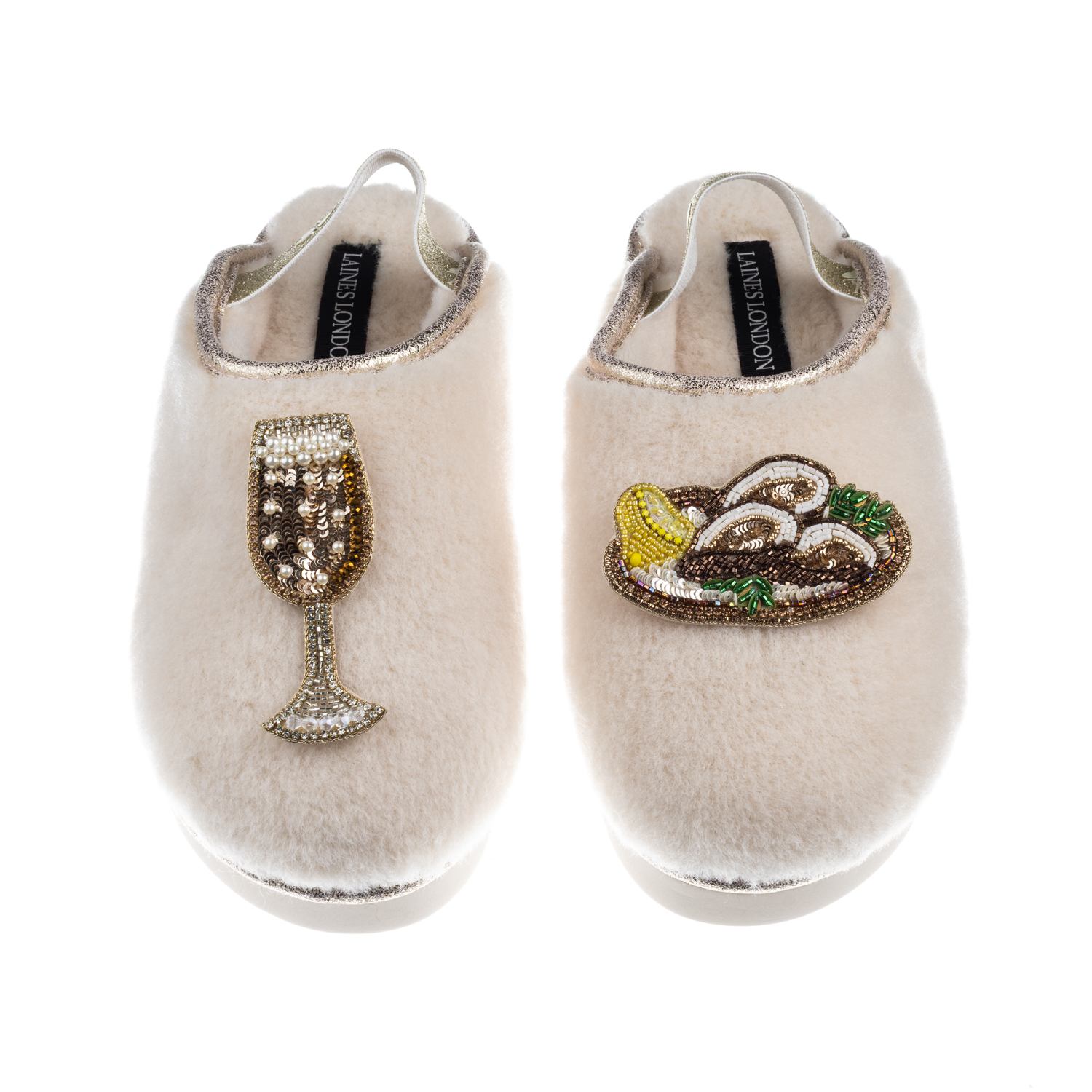 Laines London Women's Gold / Neutrals / White Flatform Cloud Slippers With Oysters & Glass Of Fizz Brooches - Crea In Black