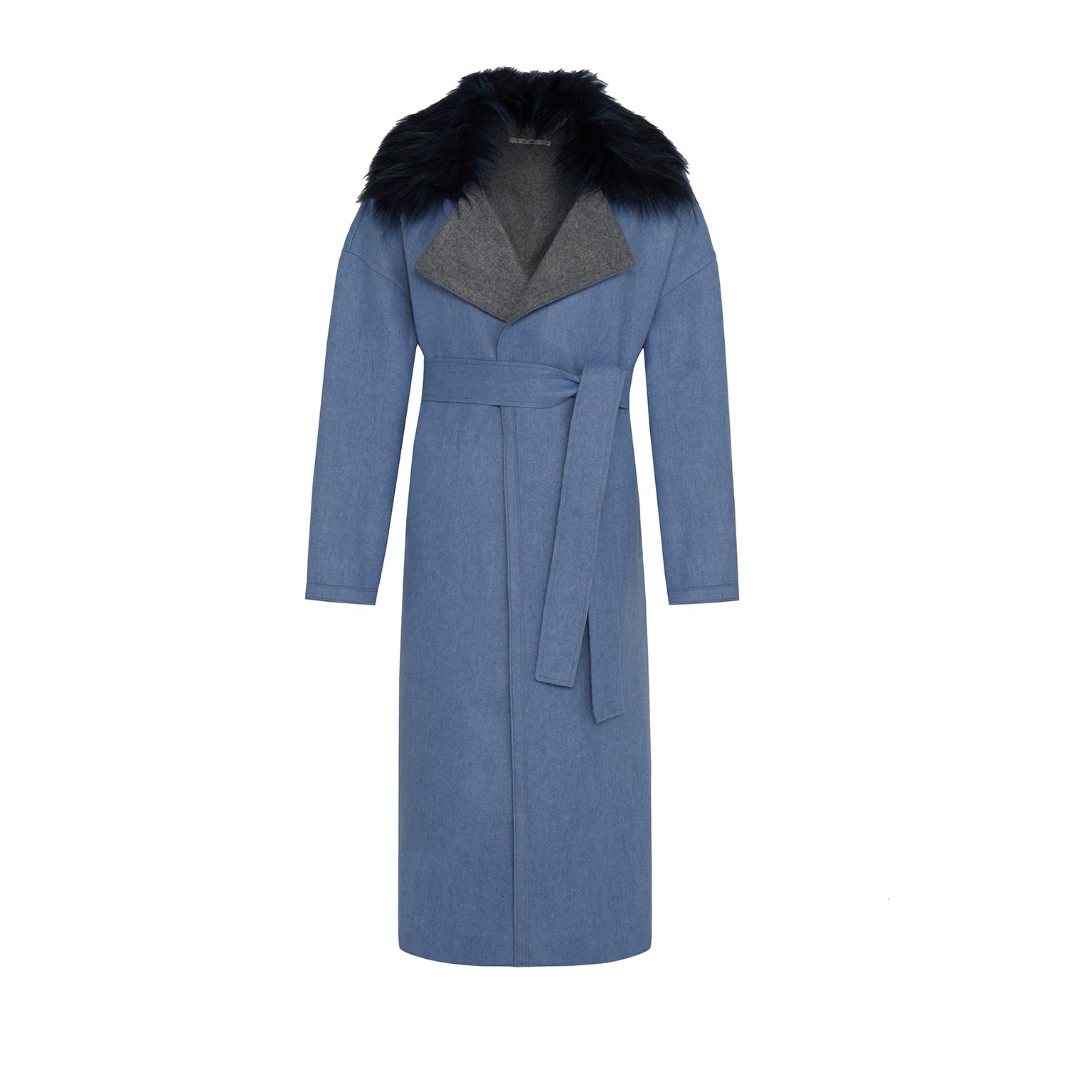 Women’s Fur Collar Blue Long Wool Coat M/L Rue Les Createurs