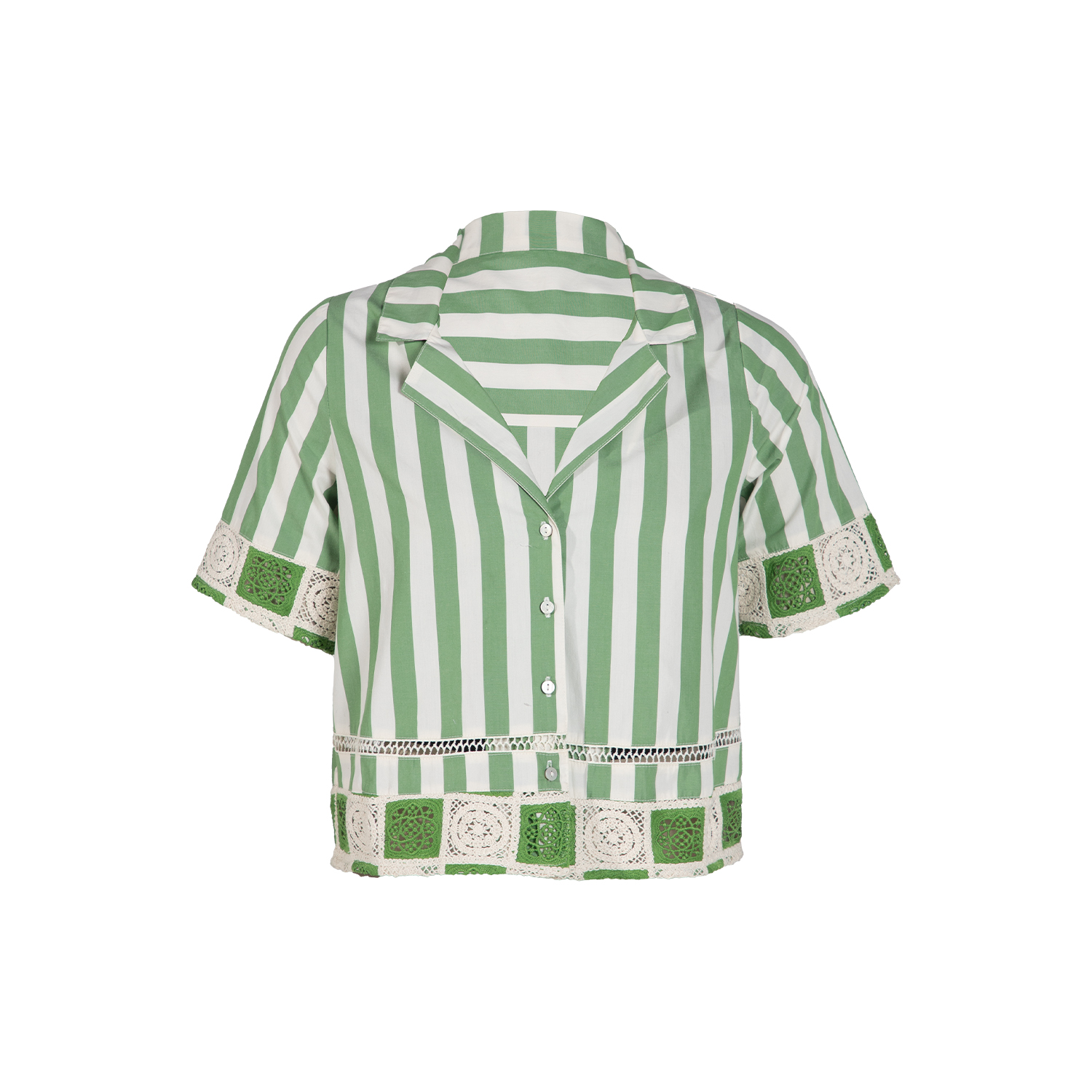 Helena Green Stripe Crochet Trim Cotton Resort Shirt | Rose