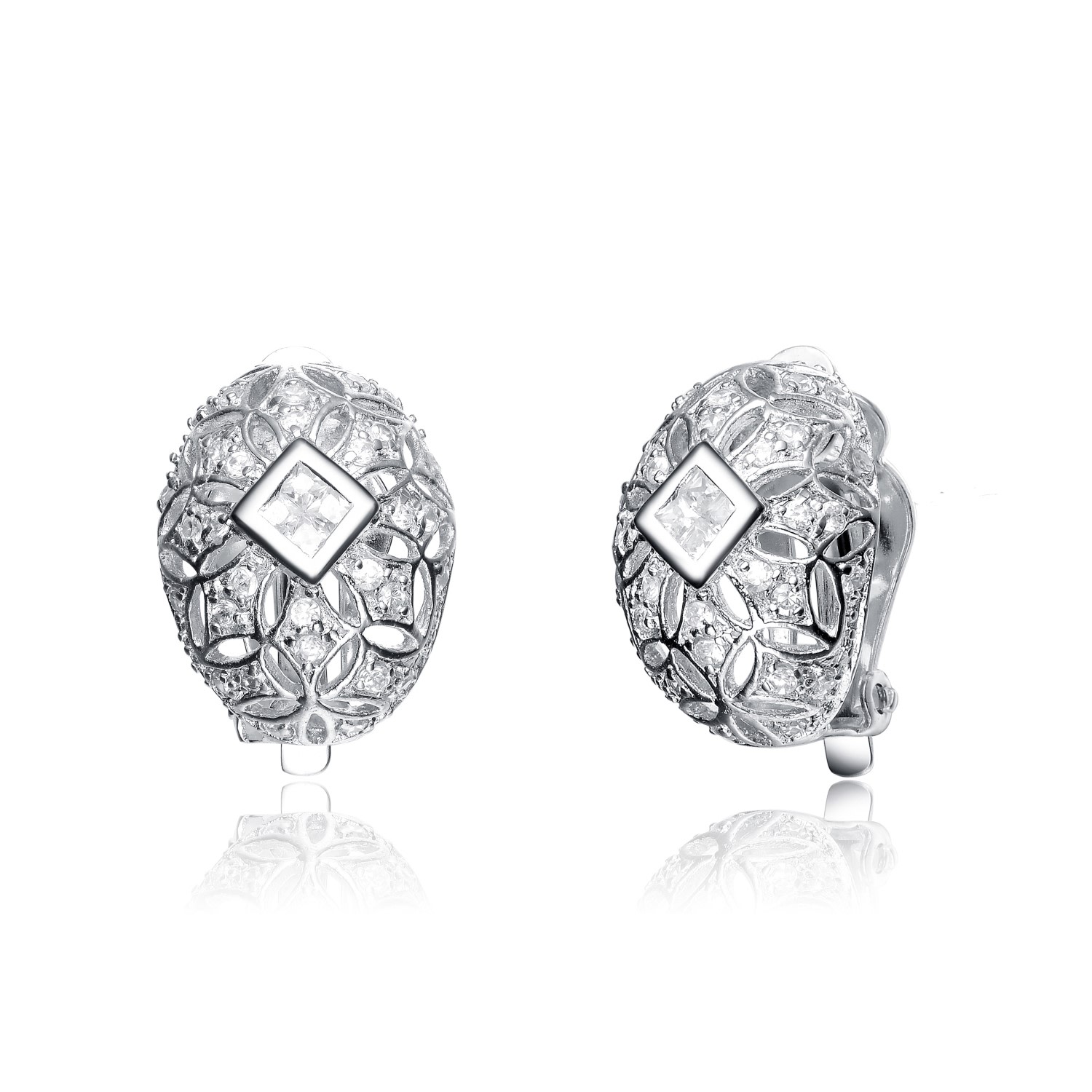 Genevive Jewelry Women's White / Silver Cz Sterling Silver White Gold Plated Oval Shape Antique Earrings In Multi