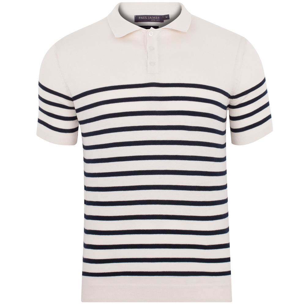Paul James Knitwear White / Blue Mens Ultra Fine Cotton Breton Short Sleeve Polo Edward Shirt - Ecru In White/blue