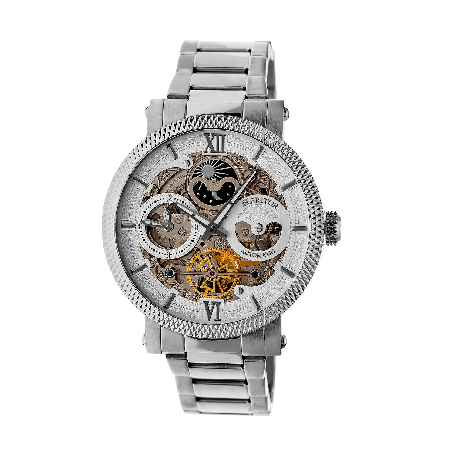 Men’s Aries Skeleton Bracelet Watch With Moon Phase - Silver Heritor Automatic