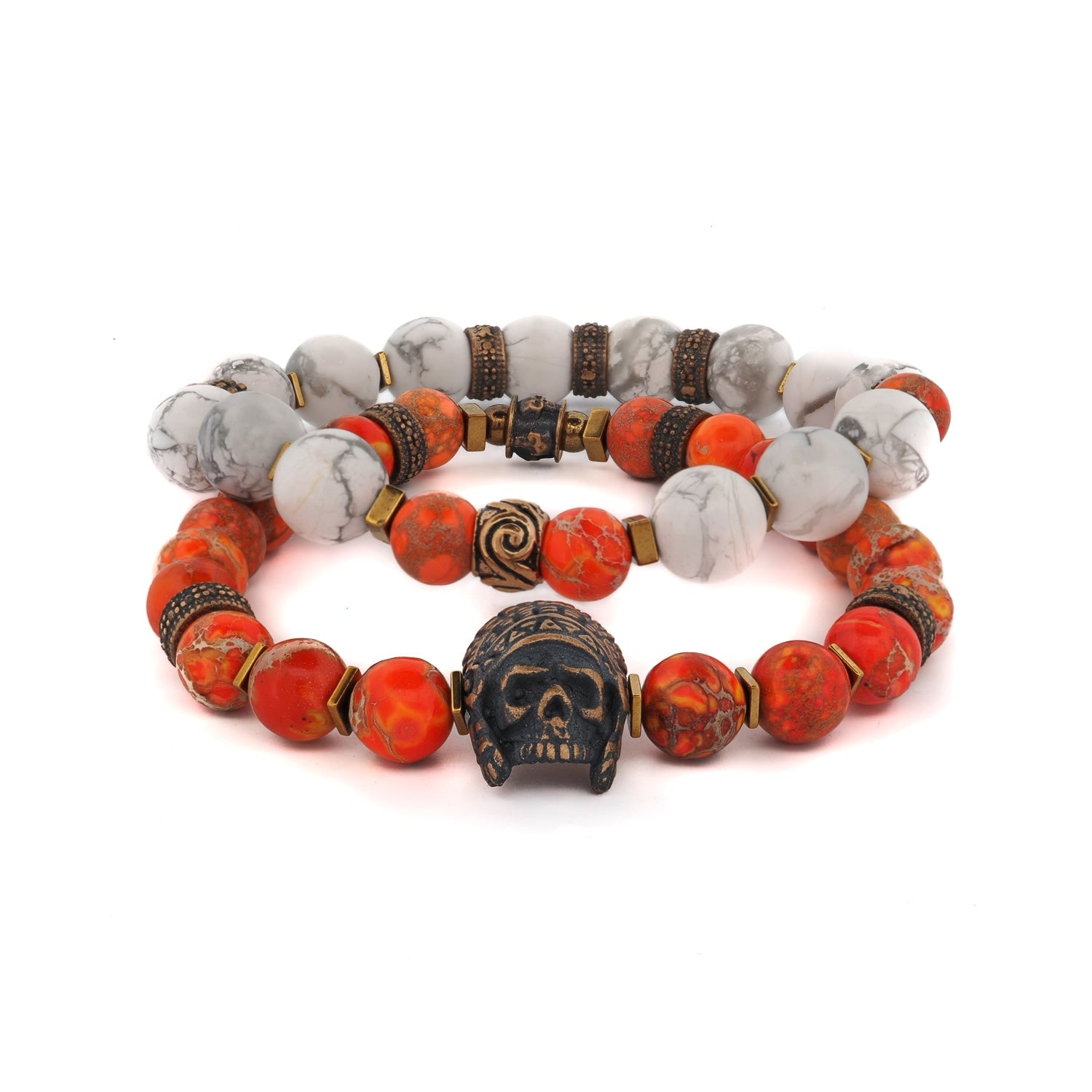Ebru Jewelry Men's Gold / Yellow / Orange Warrior Soul Bronze Indian Chief & Jasper Beaded Bracelet Set - Red