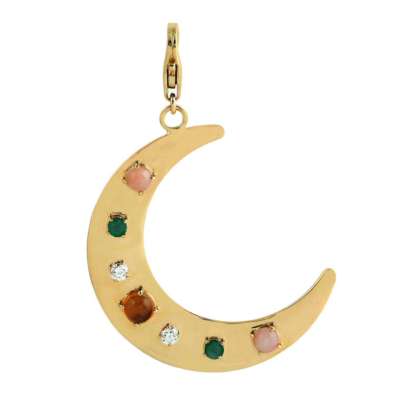 Women’s Gold / White Prong Set Diamond & Emerald With Opal And Citrine In 18K Gold Crescent Half Moon Charm Artisan