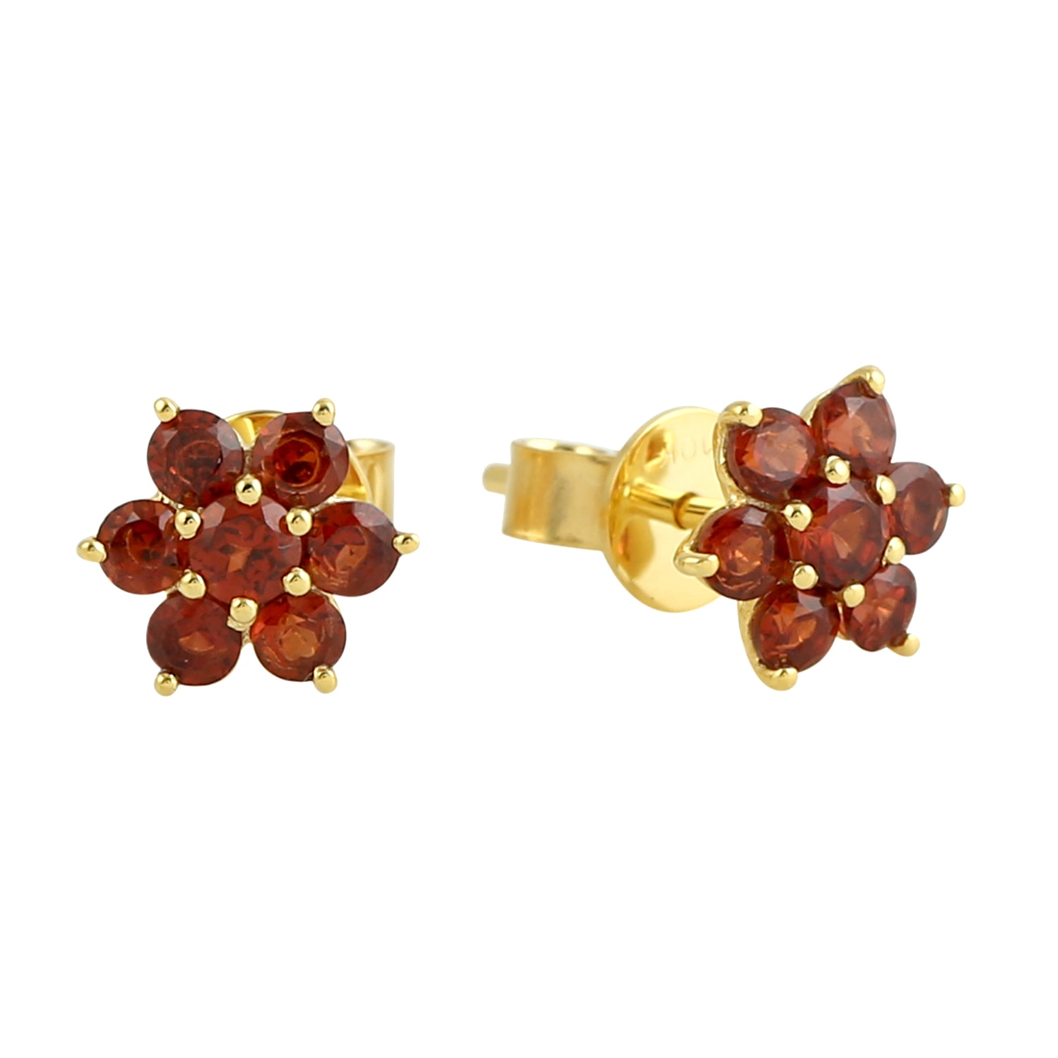 Women’s Gold / Red 10K Yellow Gold In Prong Garnet Gemstone Seven Stone Flower Stud Earrings Artisan