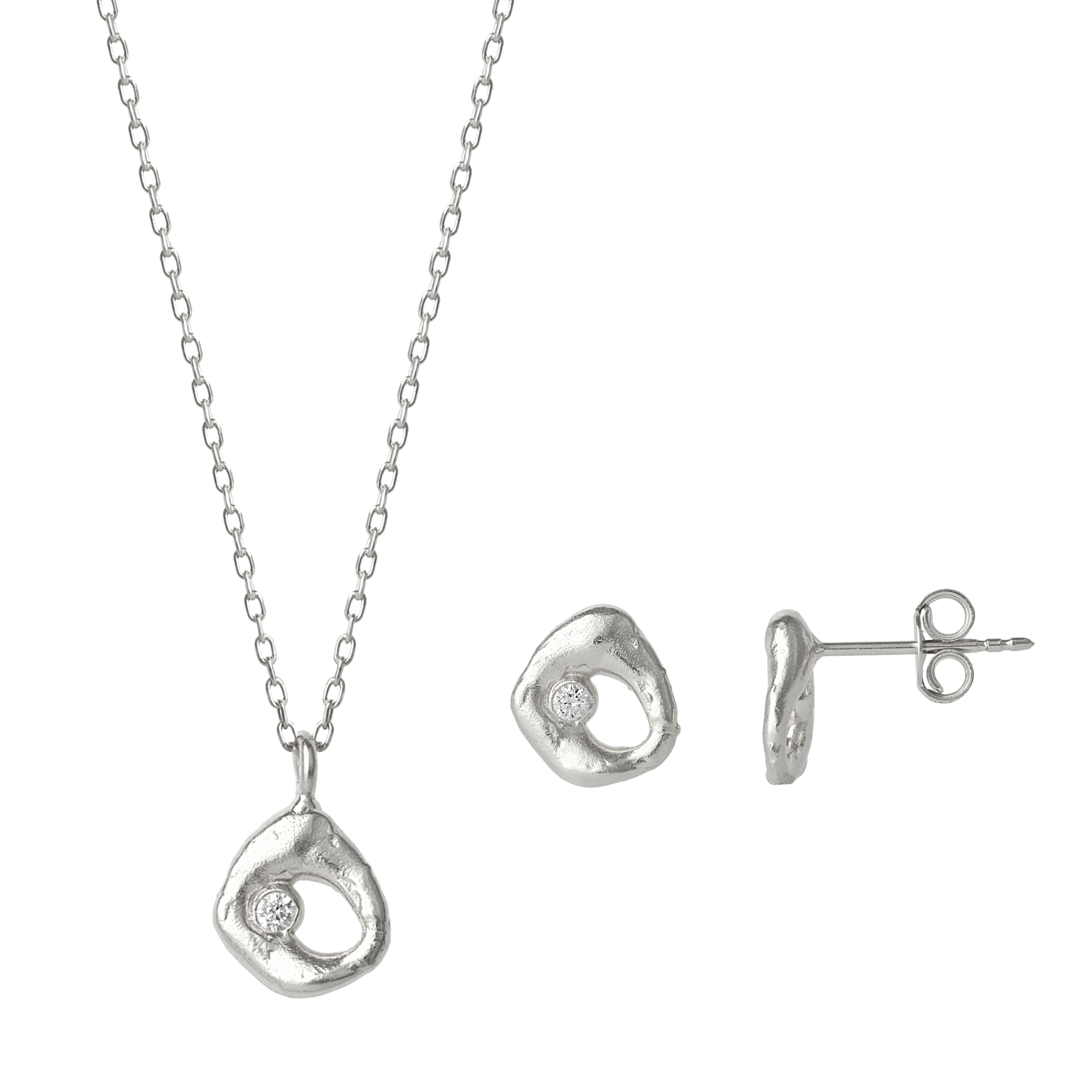 Women’s Dripping Molten Natural Textured Sterling Silver Authentic Pendant Necklace & Earring Set - Silver Spero London