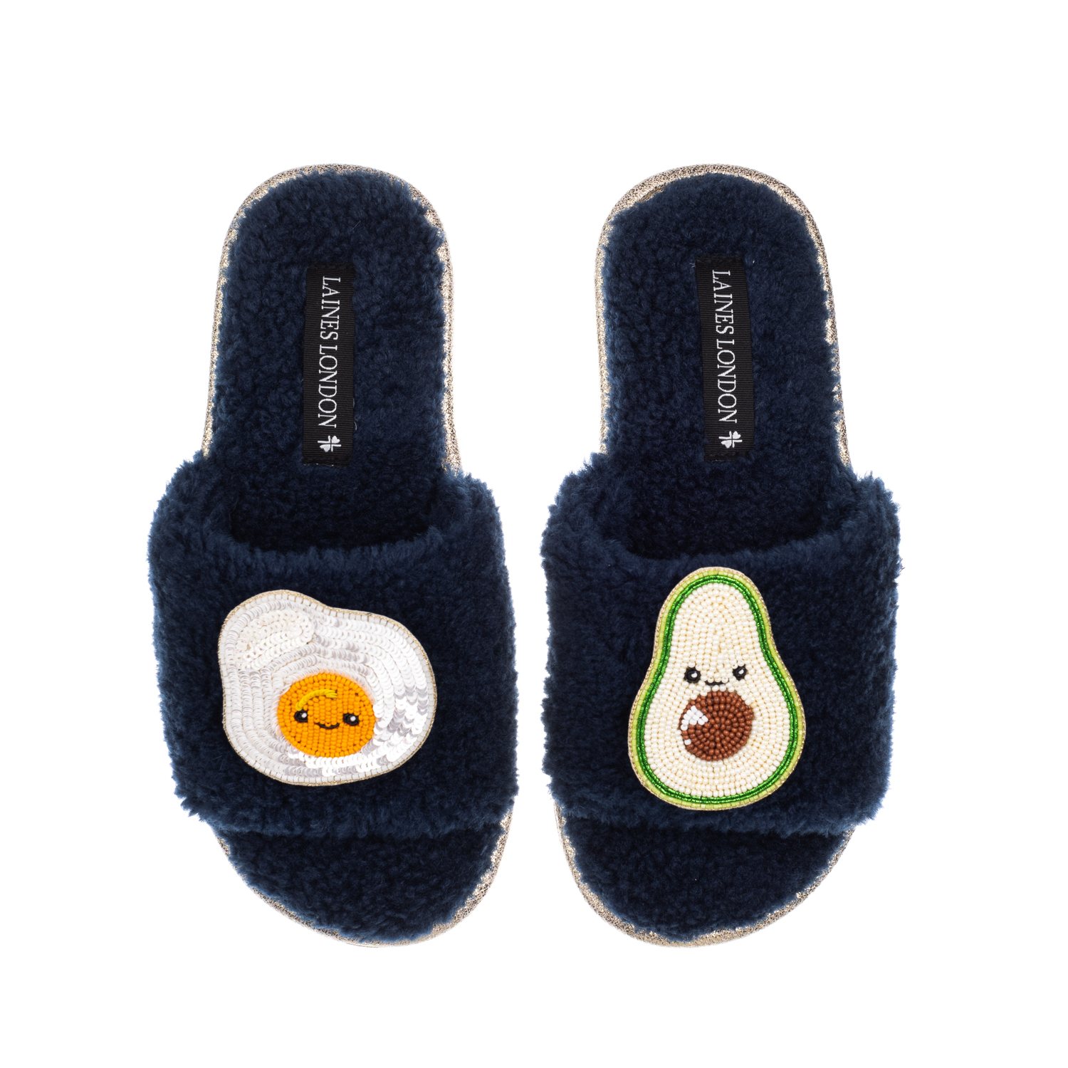 Laines London Women's Blue Teddy Slider Slippers With Laines Loveables Egg & Avocado Brooches - Navy In Blue