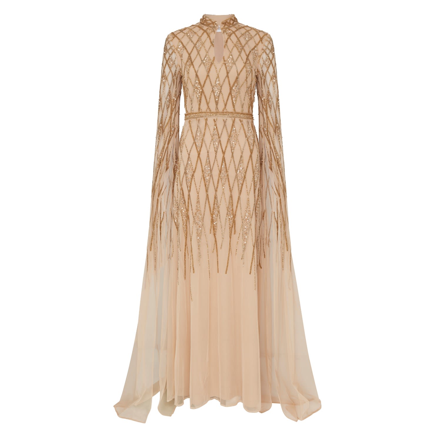 Raishma Women's Neutrals Shantel Neutral  High Neck & Geometric Beading Throughout Body & Cape Sleeves Gown In Brown
