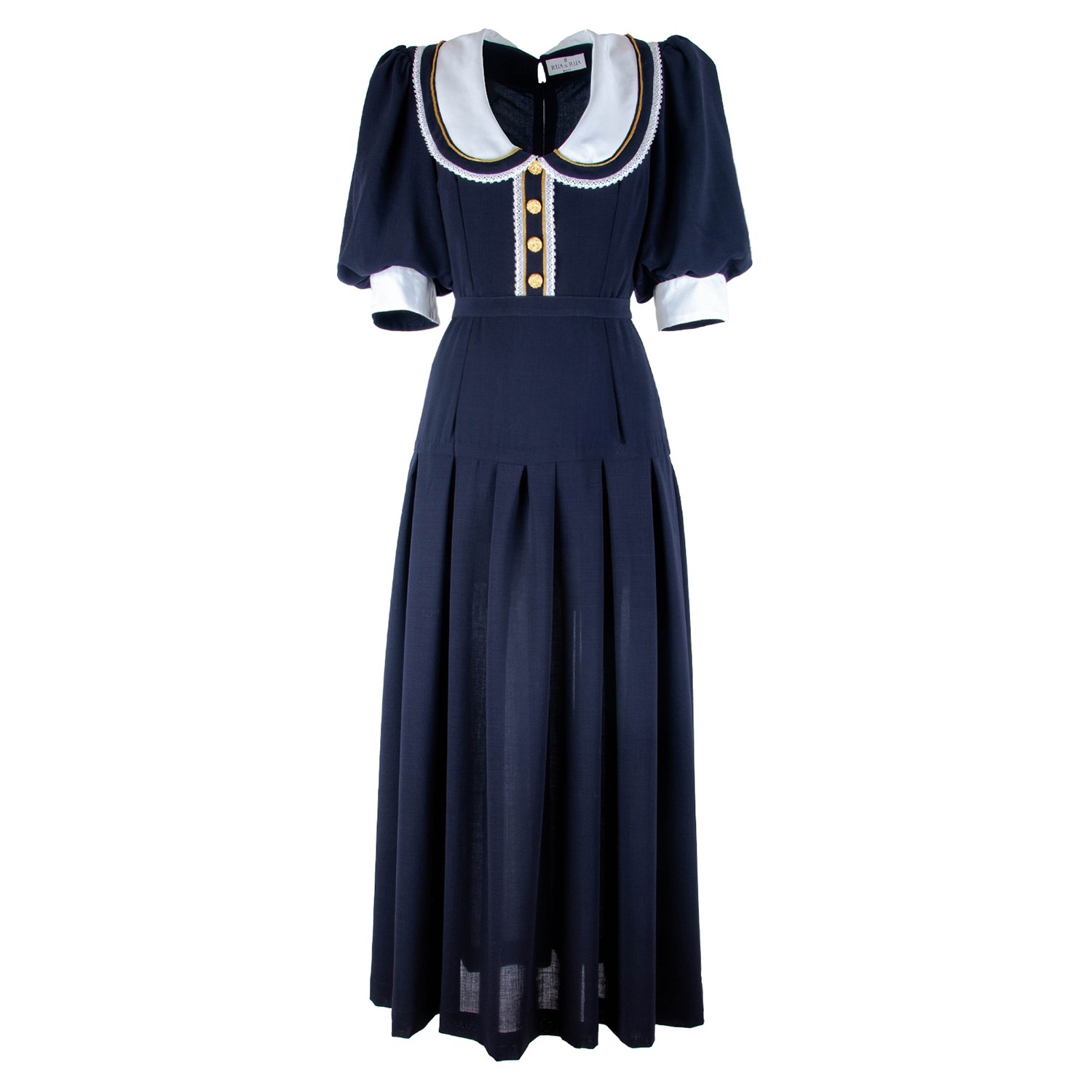 Rua & Rua Women's Blue / White Wool Long Dress With Wide Silk Collar In Blue/white