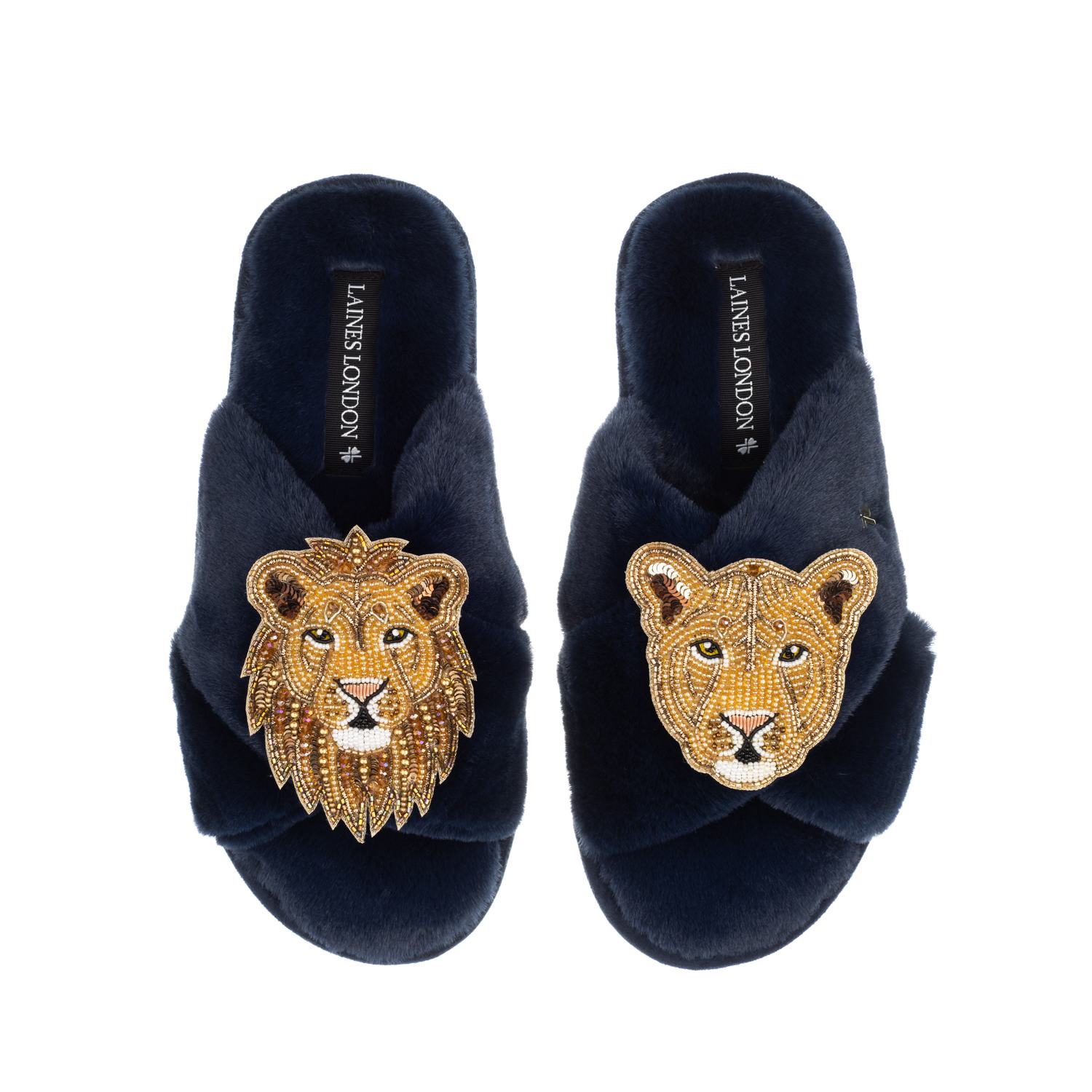 Laines London Women's Blue Classic Laines Slippers With Artisan Lion & Lioness Brooches - Navy In Blue