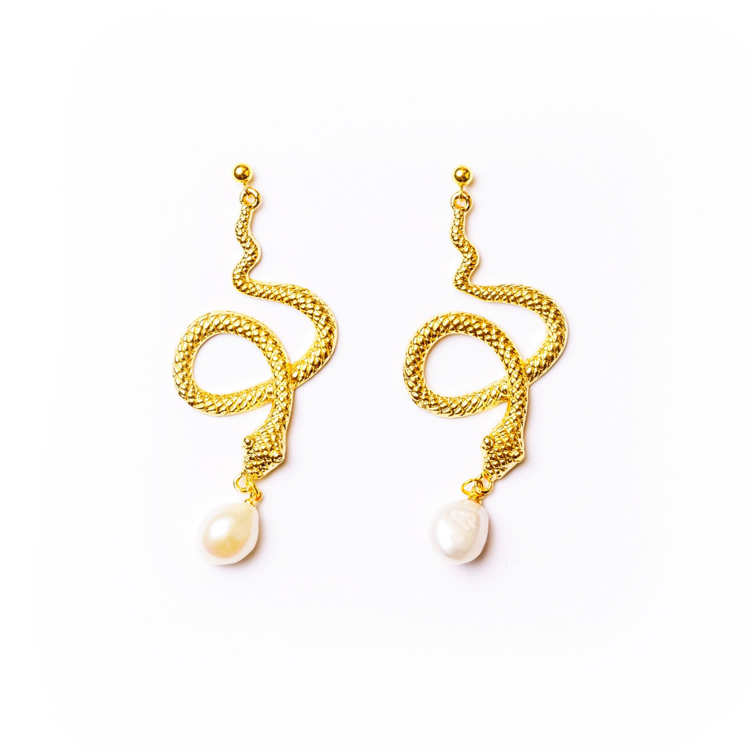 Women’s Gold / White Desert Storm Gold Snake Earrings With Freshwater Pearls Eunoia Jewels