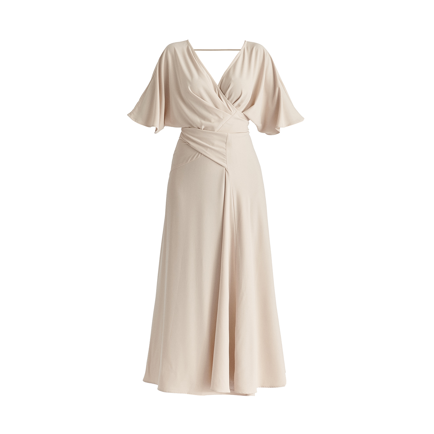 Women's Neutrals Flare Sleeves Maxi Wrap Dress in Taupe | Extra Small | Paisie
