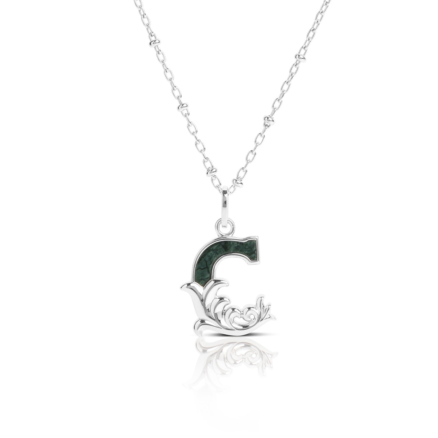 Women’s Solid Silver C Initial Necklace With Green Marble Kasun