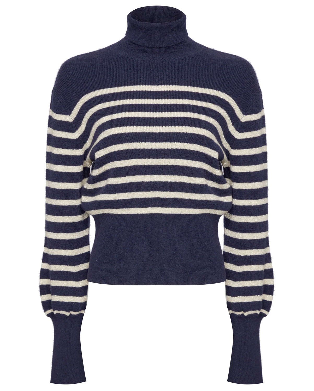 Women’s Blue Navy & Cream Lurex Stripe Cashmere Roll Neck Jumper Large Guinea