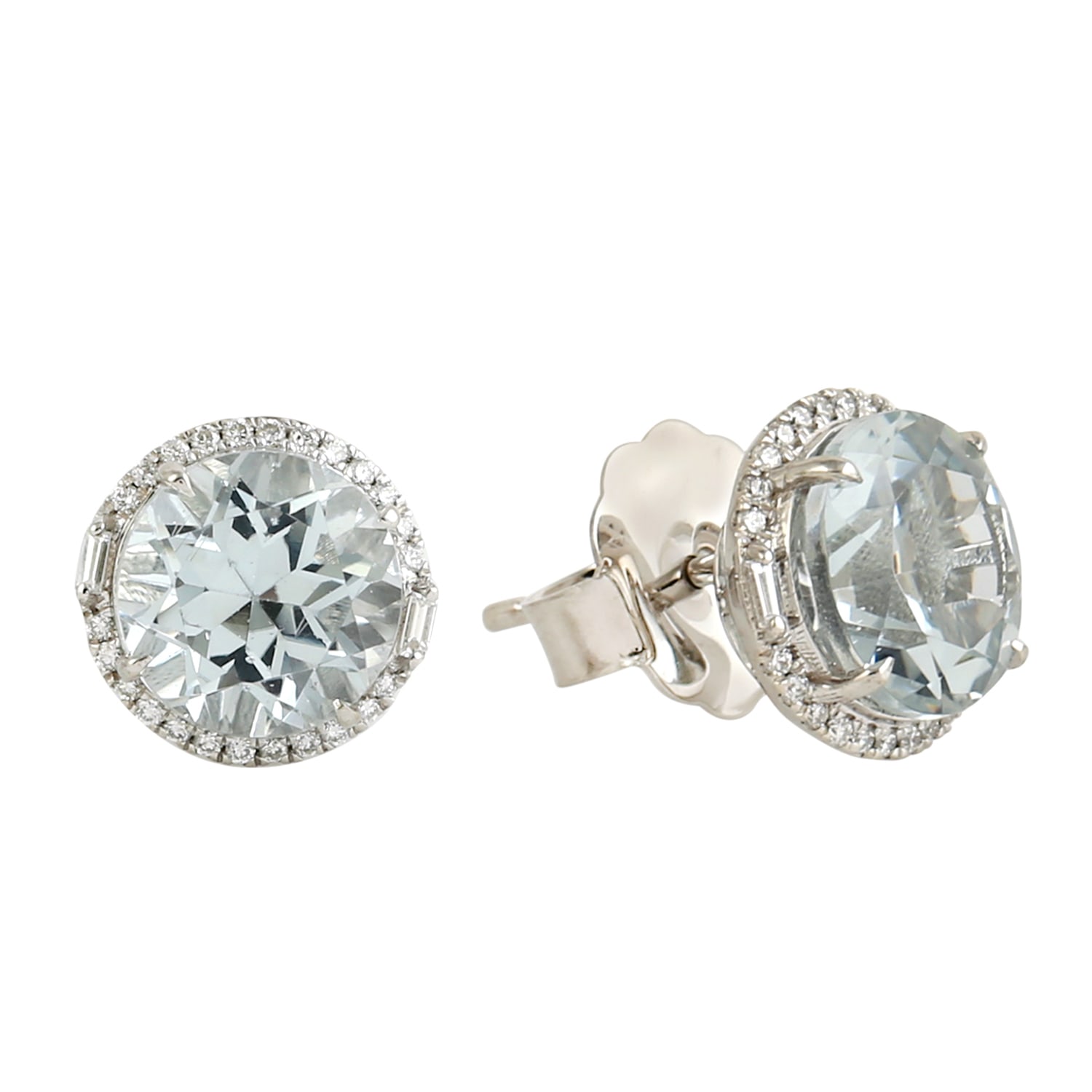 Women’s White / Blue Round Aquamarine & Diamond Halo Stud Earrings In 18K White Gold Artisan