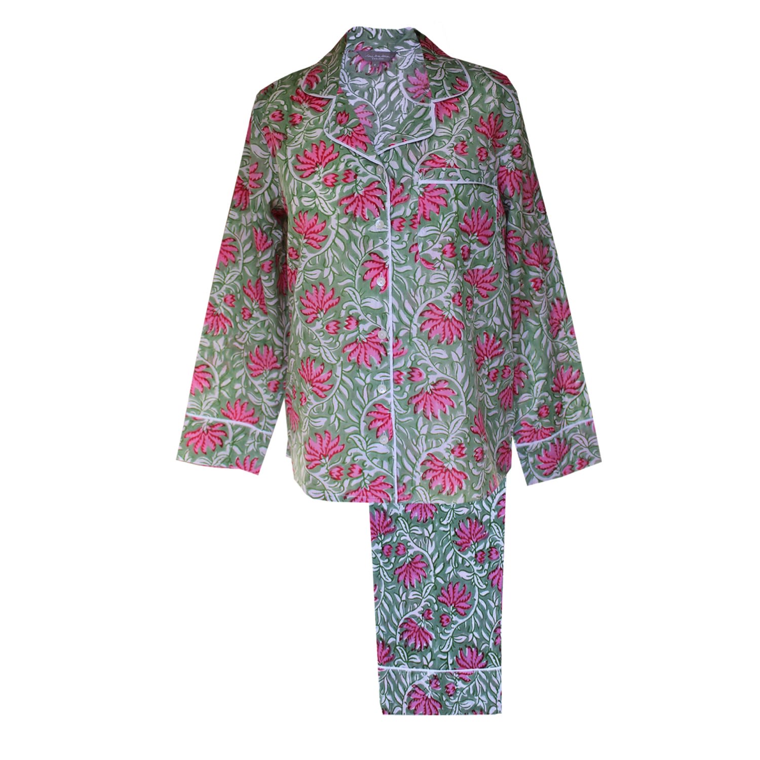 Lime Tree Design Women's Pink And Green Floral Cotton Block Printed Pyjamas