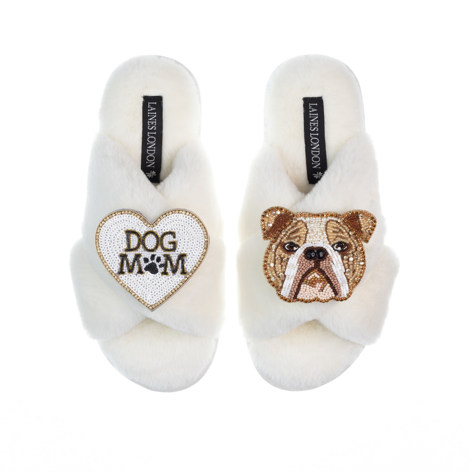 Women’s White Classic Laines Slippers With Mr Beefy & Dog Mum / Mom Brooches - Cream Large Laines London