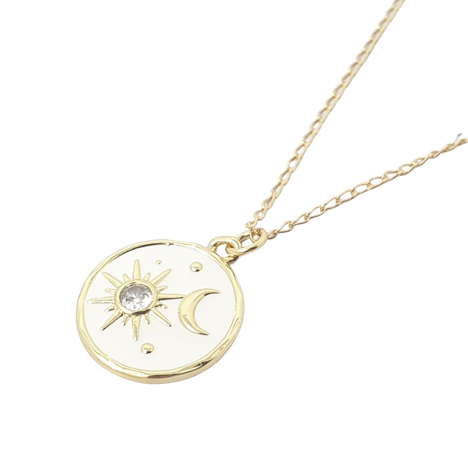 Women’s Gold / White White Enamel Celestial Sun Moon Round Charm Necklace Harfi