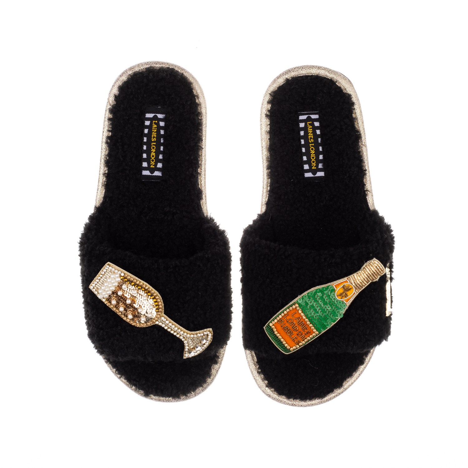 Laines London Women's Teddy Towelling Slipper Sliders With Laines Champers & Glass Brooches - Black In Black