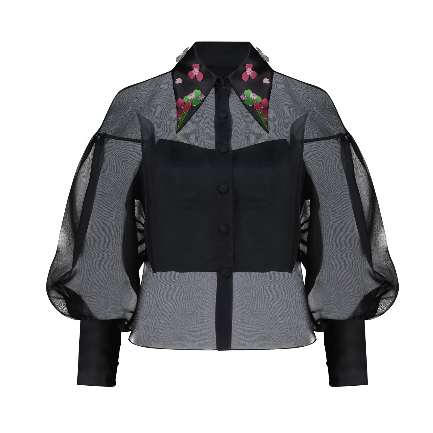 Women’s Black Organza Shirt With Three-D Floral Embroidery On The Collar Large Azzalia