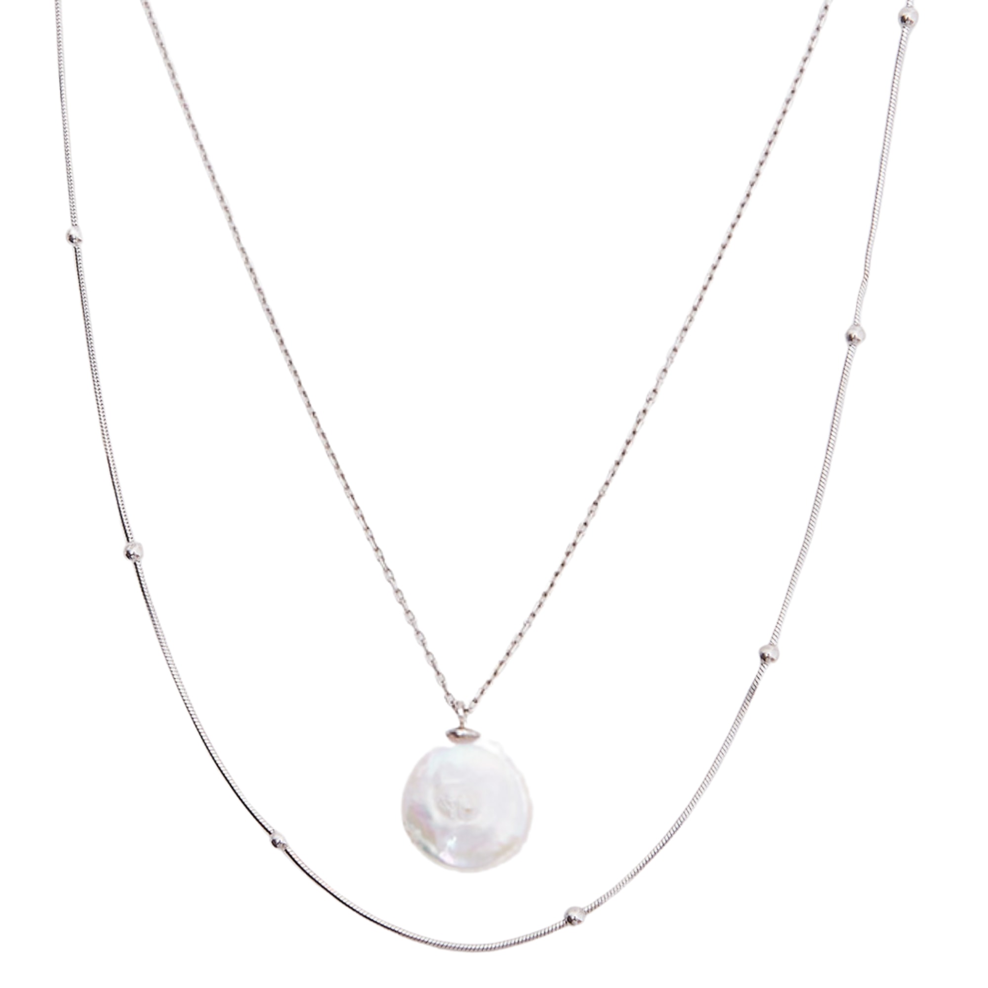 Women’s Baroque Flat Pearl Pendant & Italian Beaded Sterling Silver Stacking Necklace Set - Silver Spero London