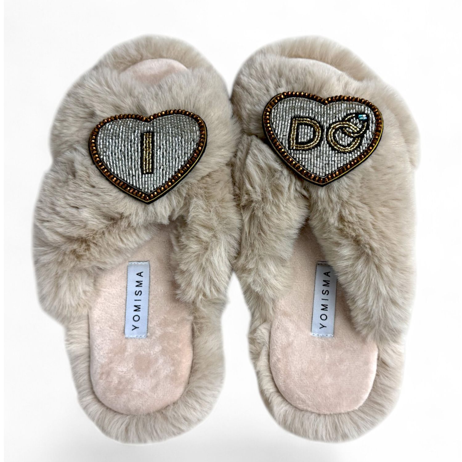Yomisma Women's Neutrals Faux Fur Slippers - Global Recycled Standard Certified With I Do Wedding Embellishm In Sand