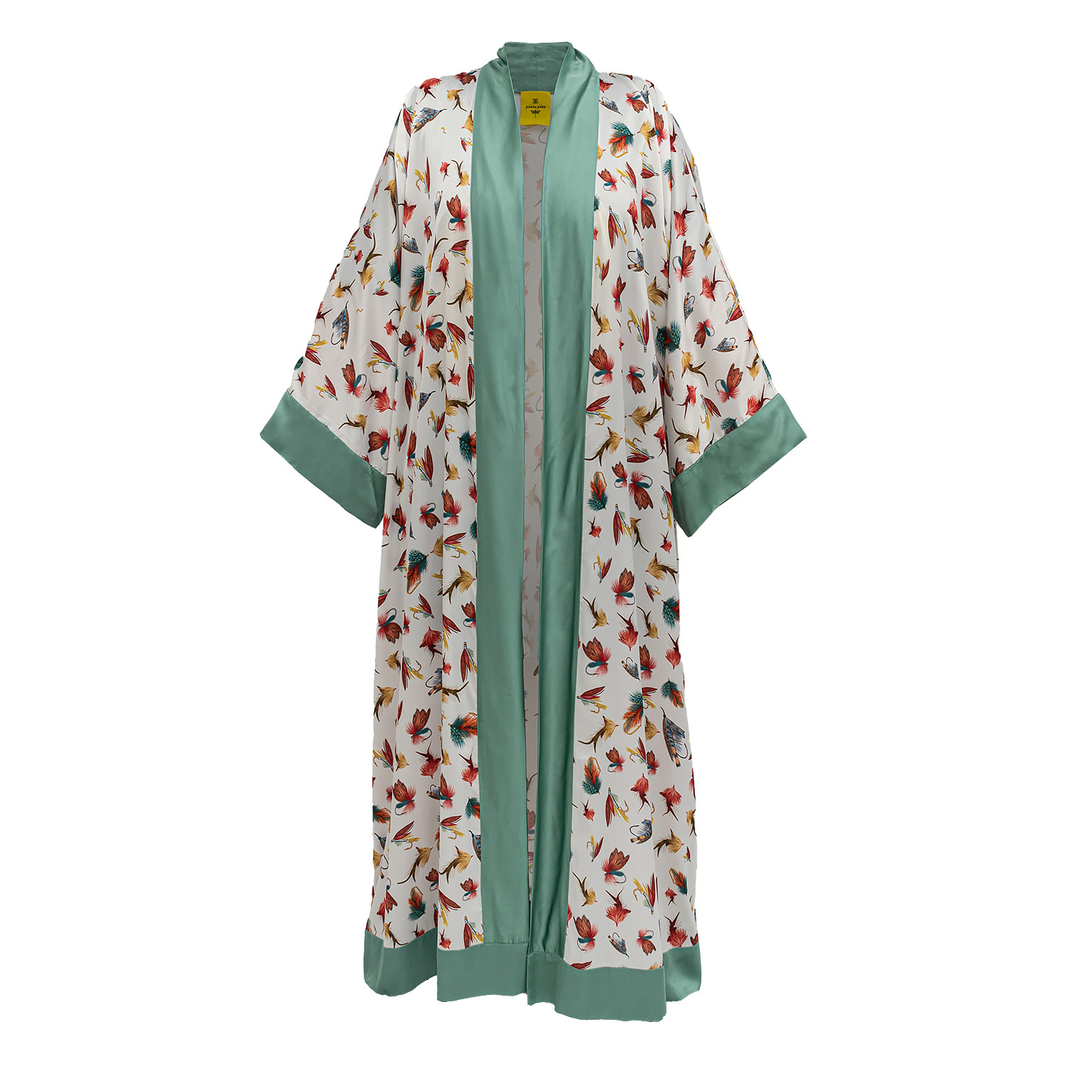 Women's White Fishing Flies Print Satin Long Abaya Kaftan | One Size | Janara Jones