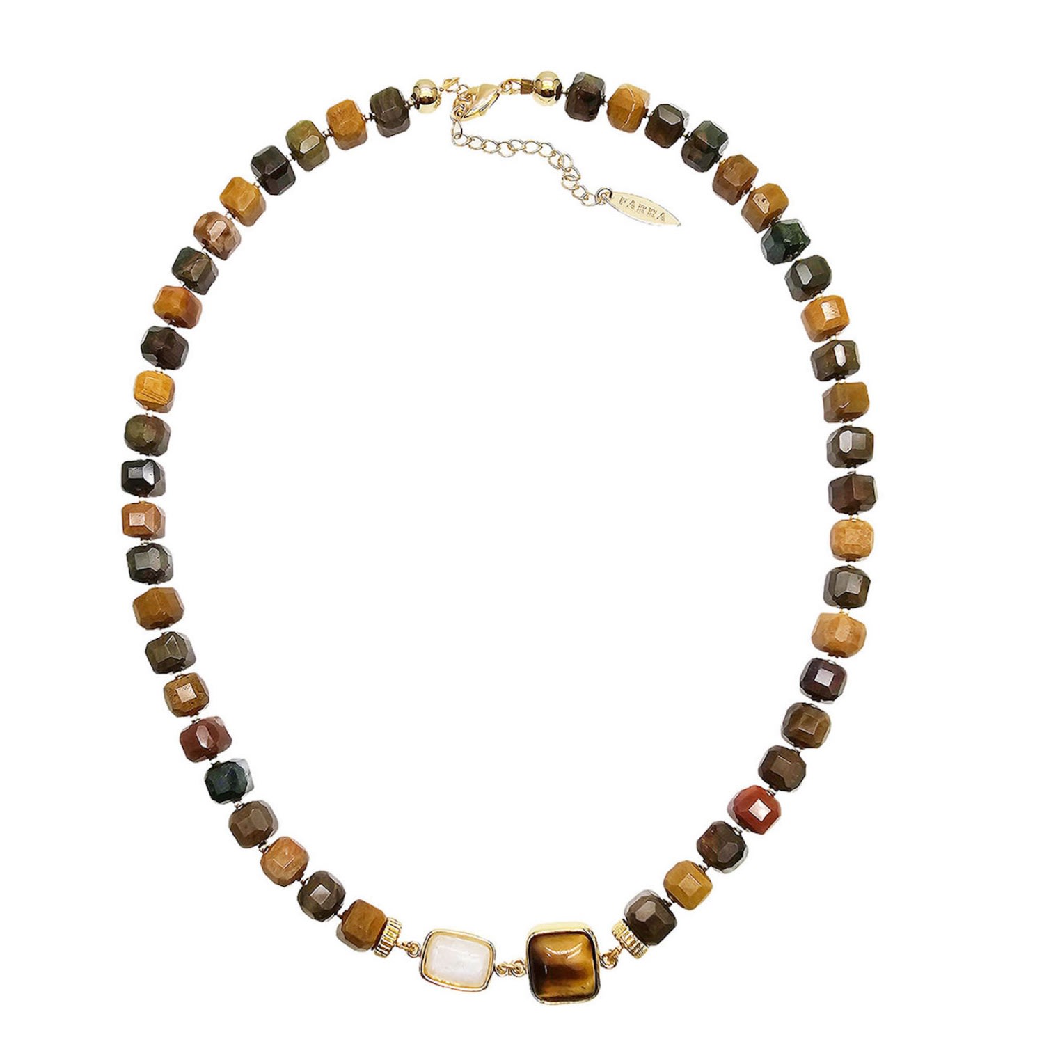 Farra Women's Brown Cube Shaped Tiger Eye With Moonstone Necklace