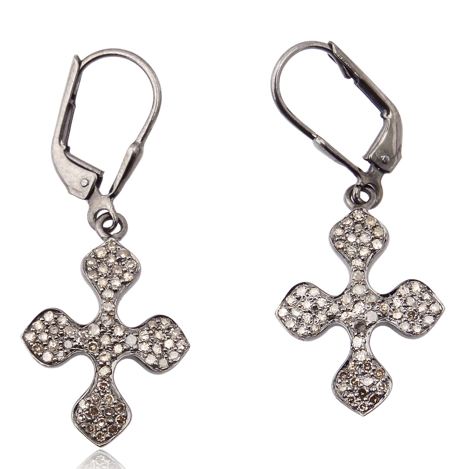 Women’s White / Silver Pave Diamond 925 Sterling Silver Cross Design Clip On Earrings Handmade Jewelry Artisan