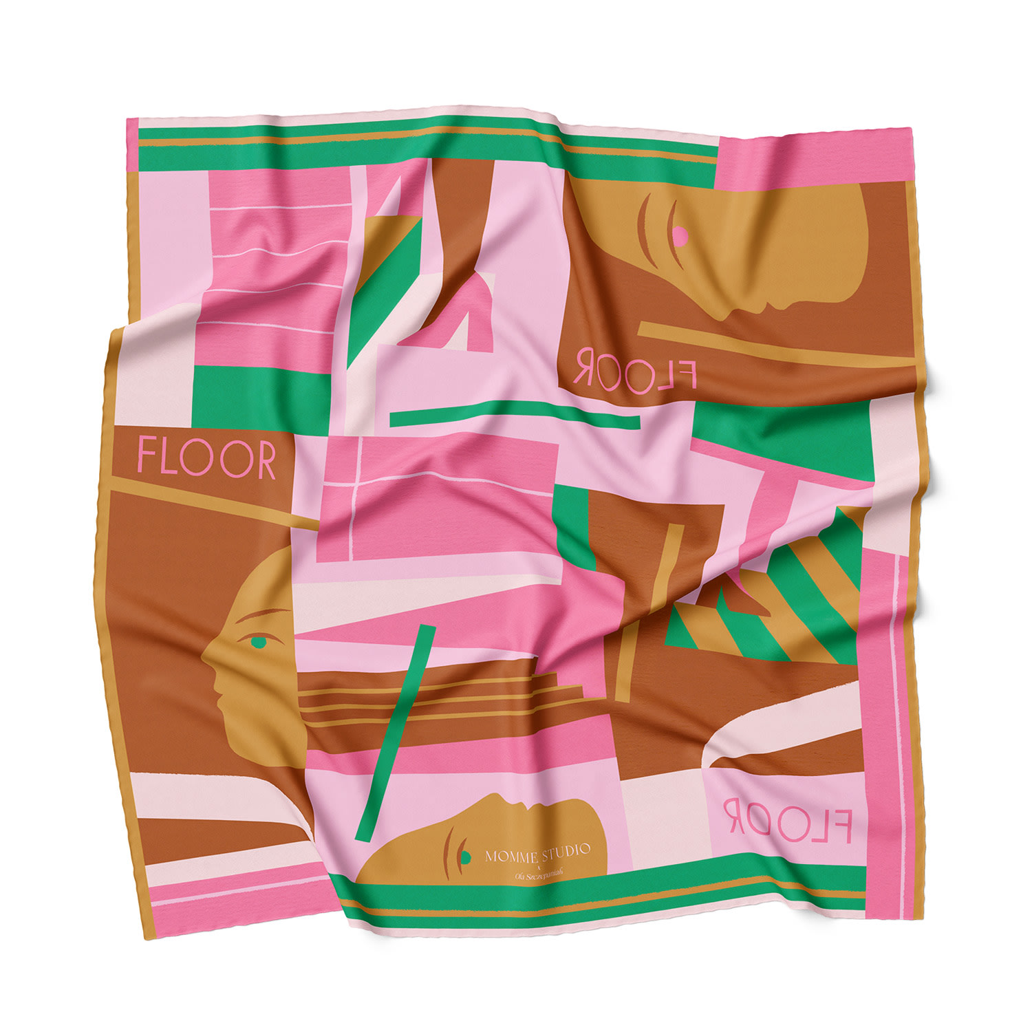 Momme Studio Women's Afternoon - Pink Neck Silk Scarf In Brown/green/pink